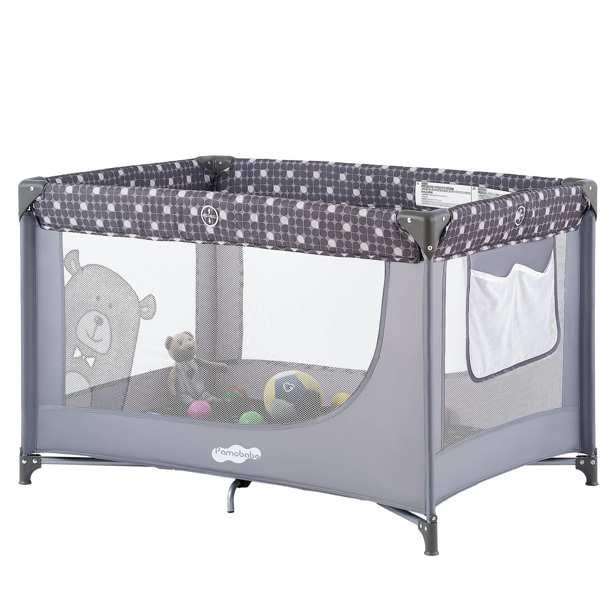Pamo Babe Portable Crib Baby Playpen Grey with Mattress and Carry Bag