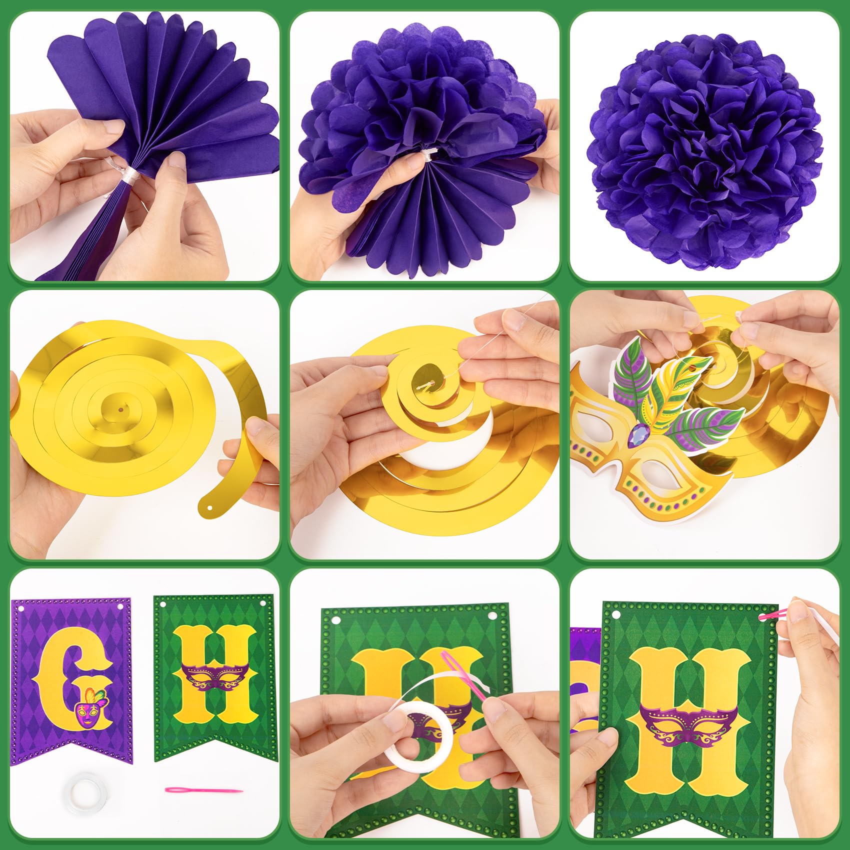 Purple paper pom poms for Mardi Gras