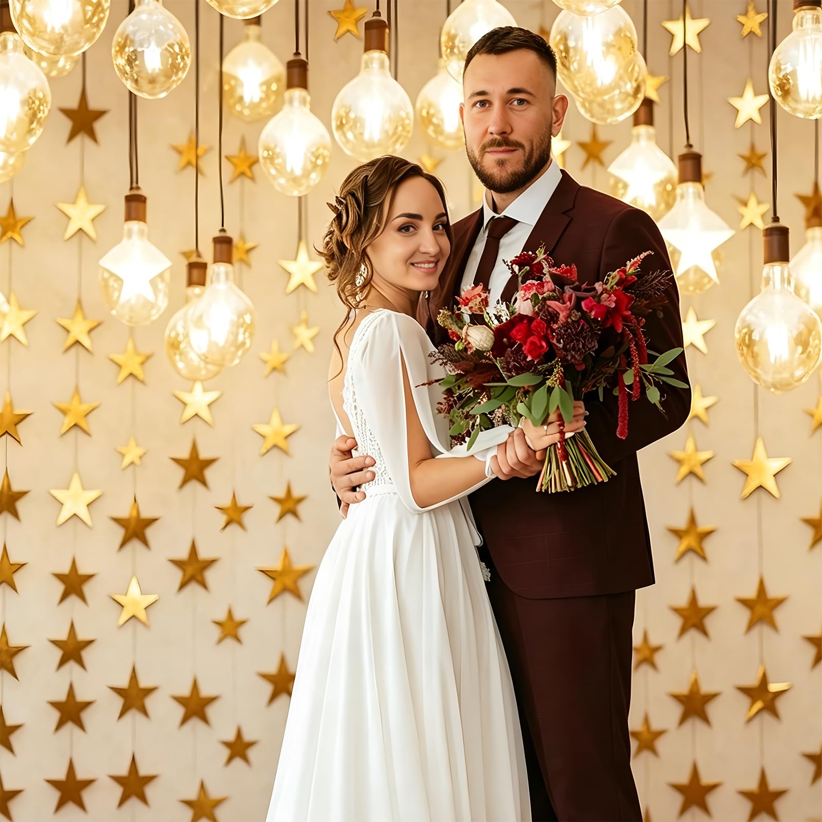 paper star garland hanging from ceiling