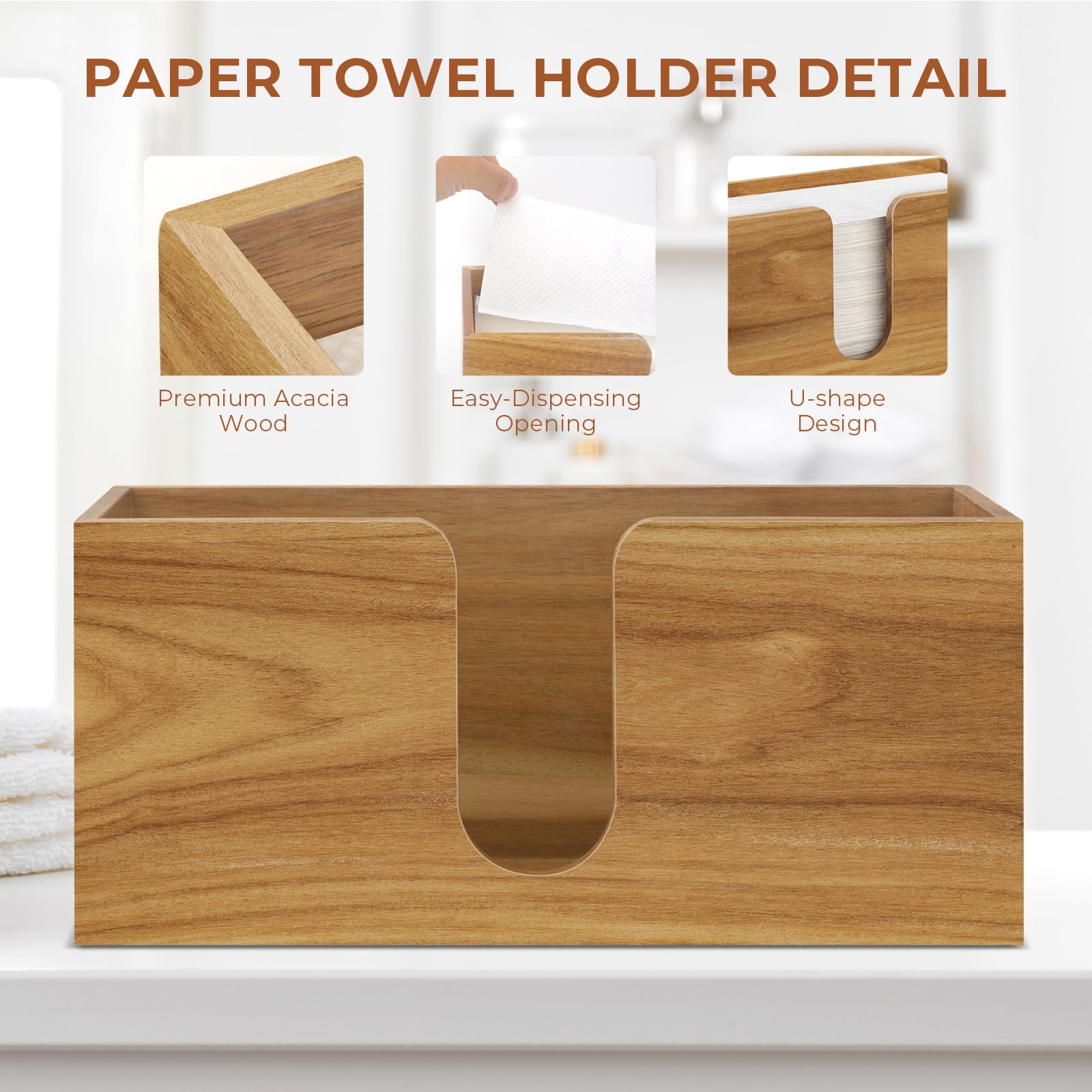 Countertop paper towel holder in natural acacia wood