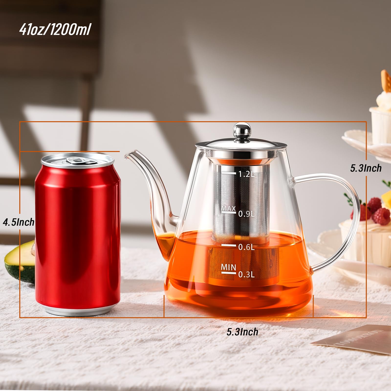 borosilicate glass teapot with scale and handle