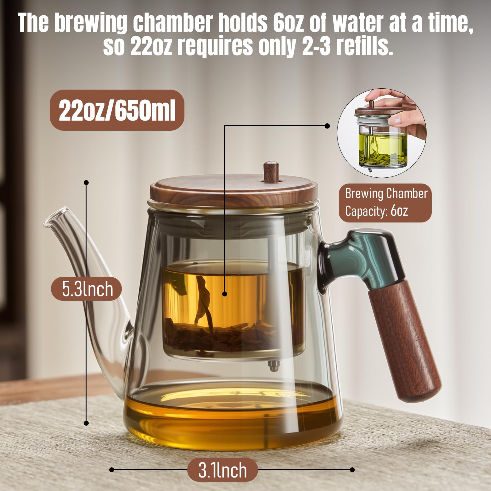 Borosilicate glass teapot body with removable infuser