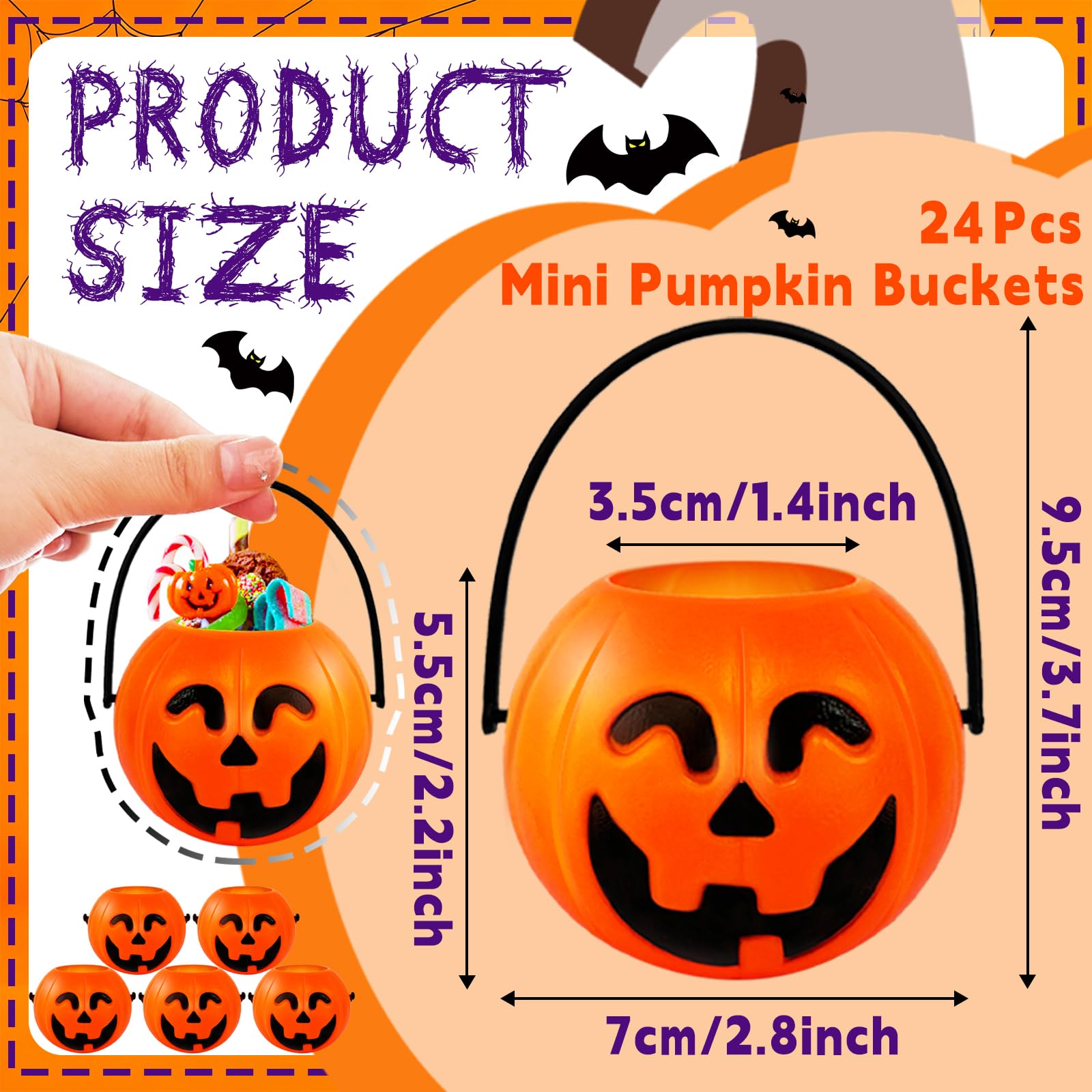 Small orange pumpkin candy bucket measuring 2.8in wide and 2.2in high