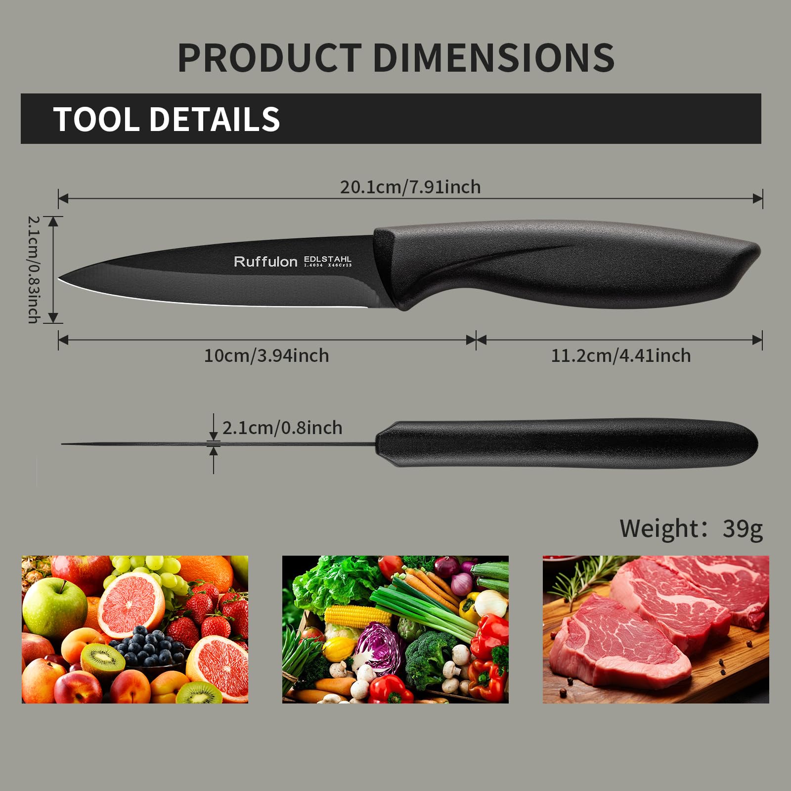 7.88-inch paring knife blade with black coating