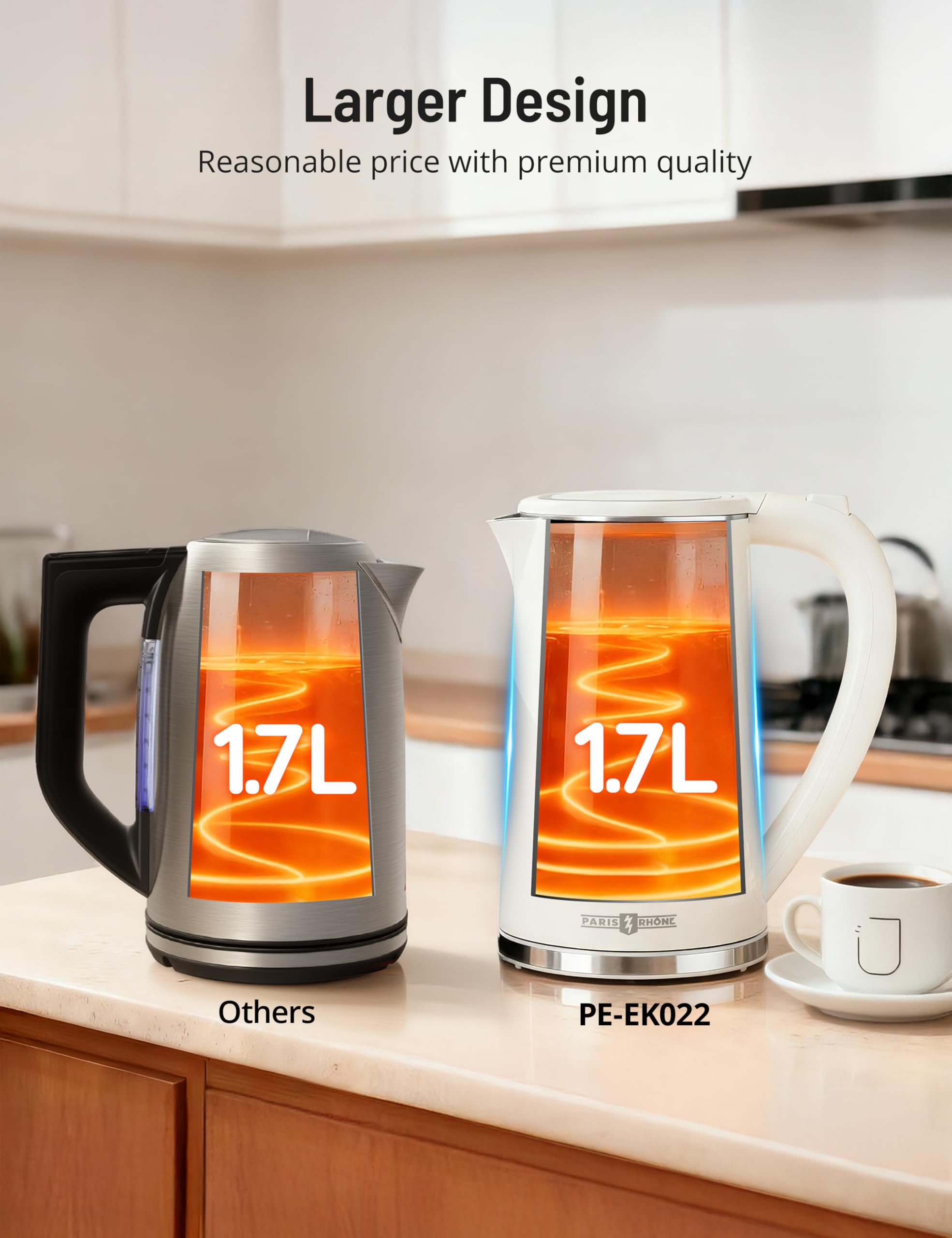 Six presets 165F to 212F on Paris Rhône Electric Kettle