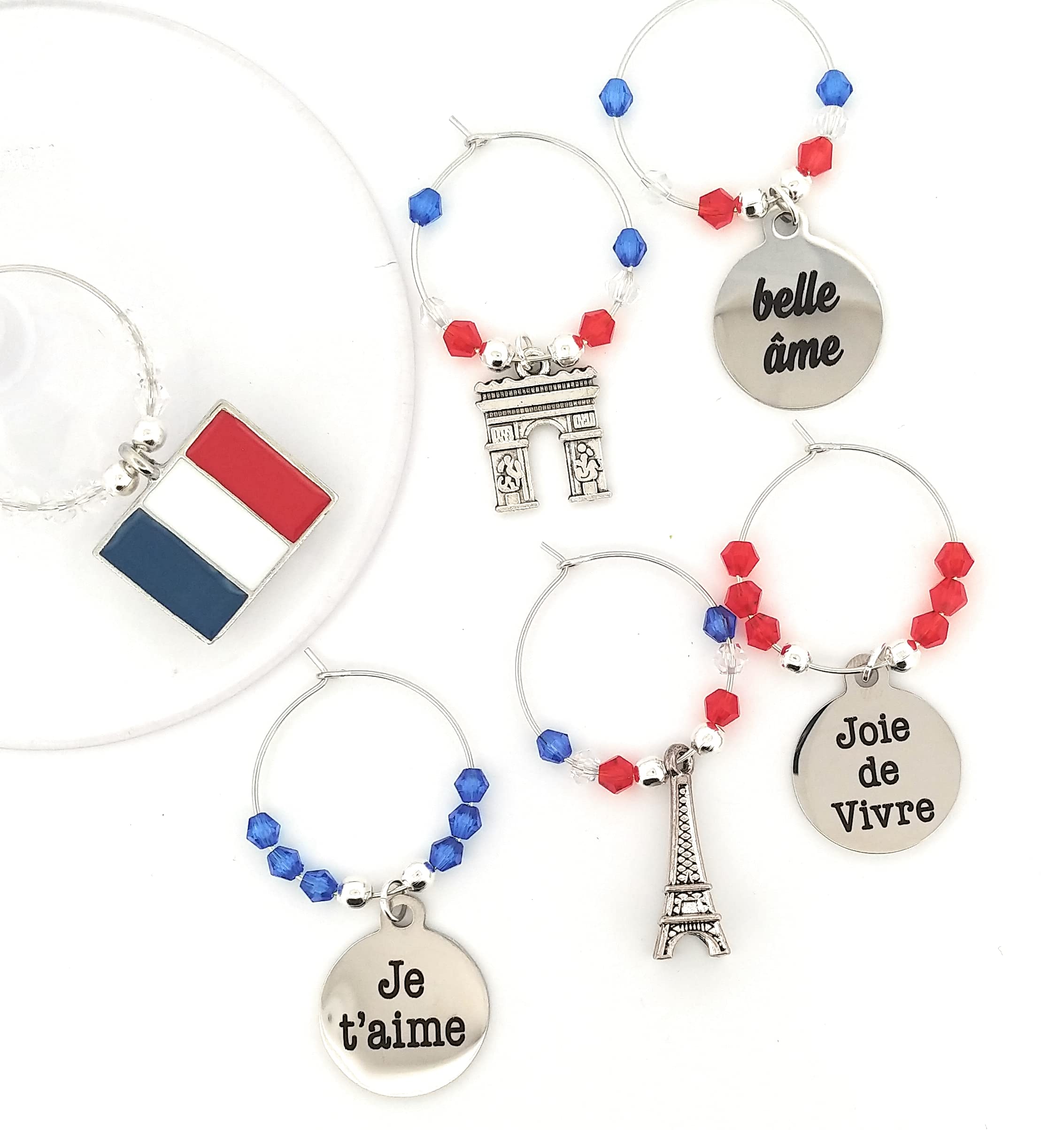 paris themed wine glass charms with france flag beads