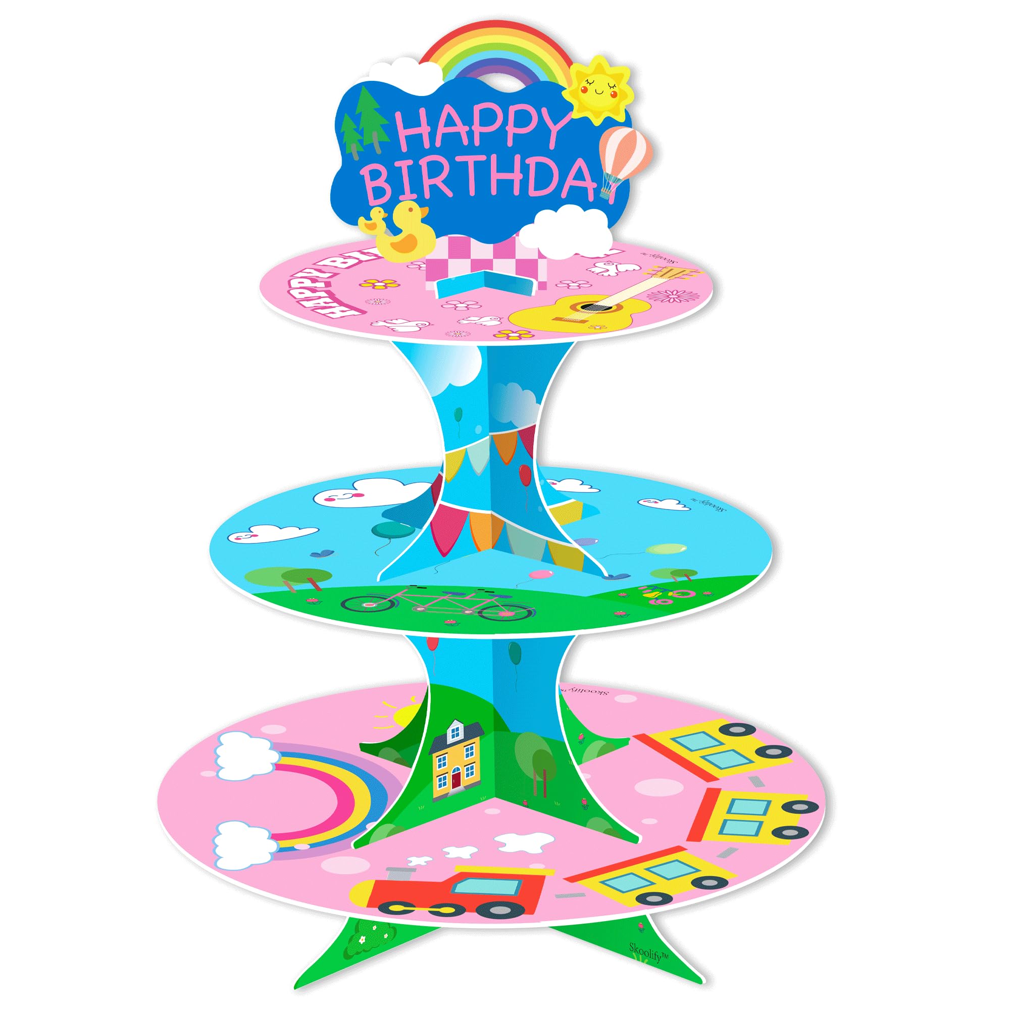 Pink cartoon cupcake stand in party setup
