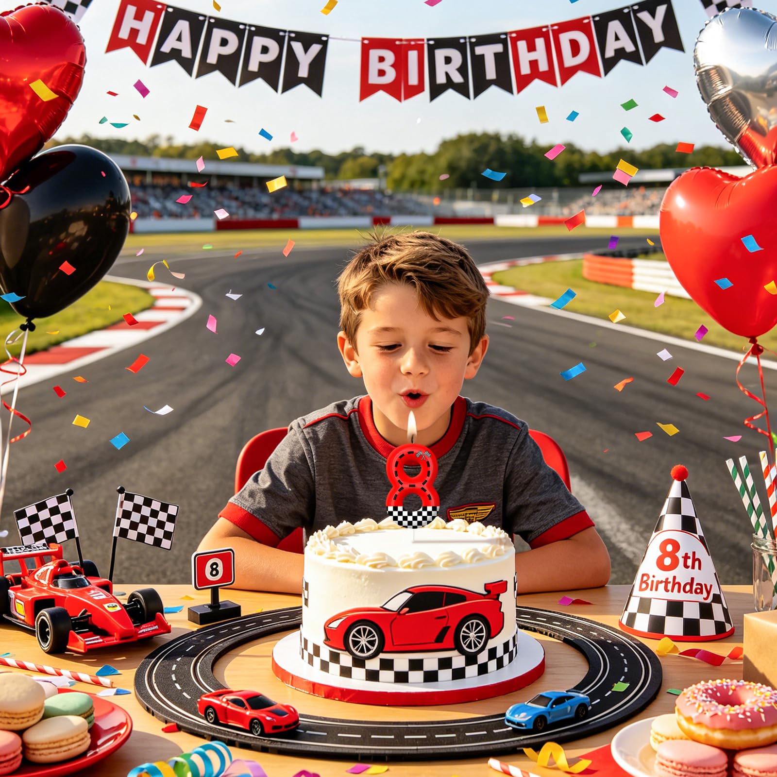 Cupcake toppers and sheet cakes with racing theme candles