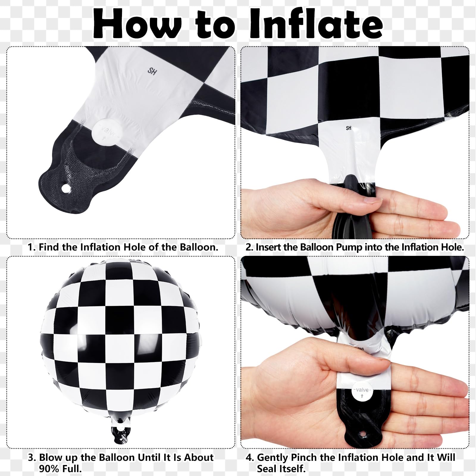Party decor balloons in black white checker pattern