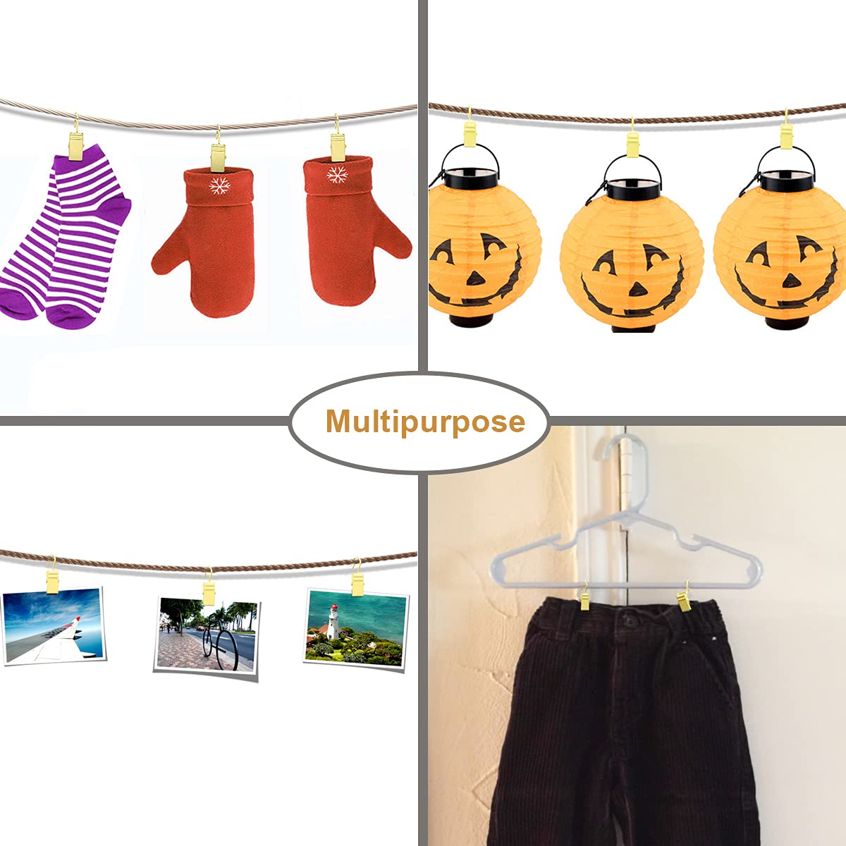 Indoor party decor with gold curtain clips