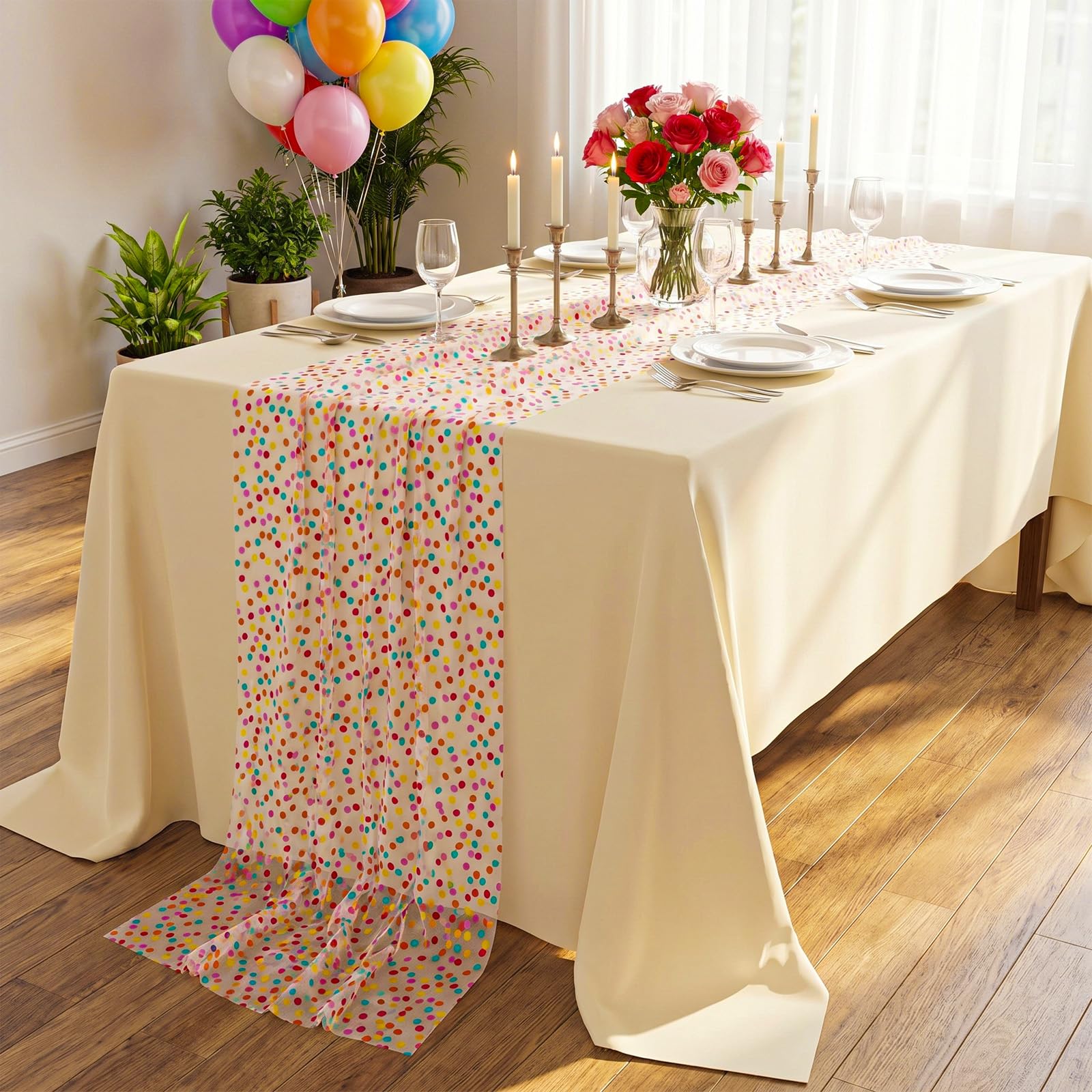 Party decor table runner with included scissors and tape measure