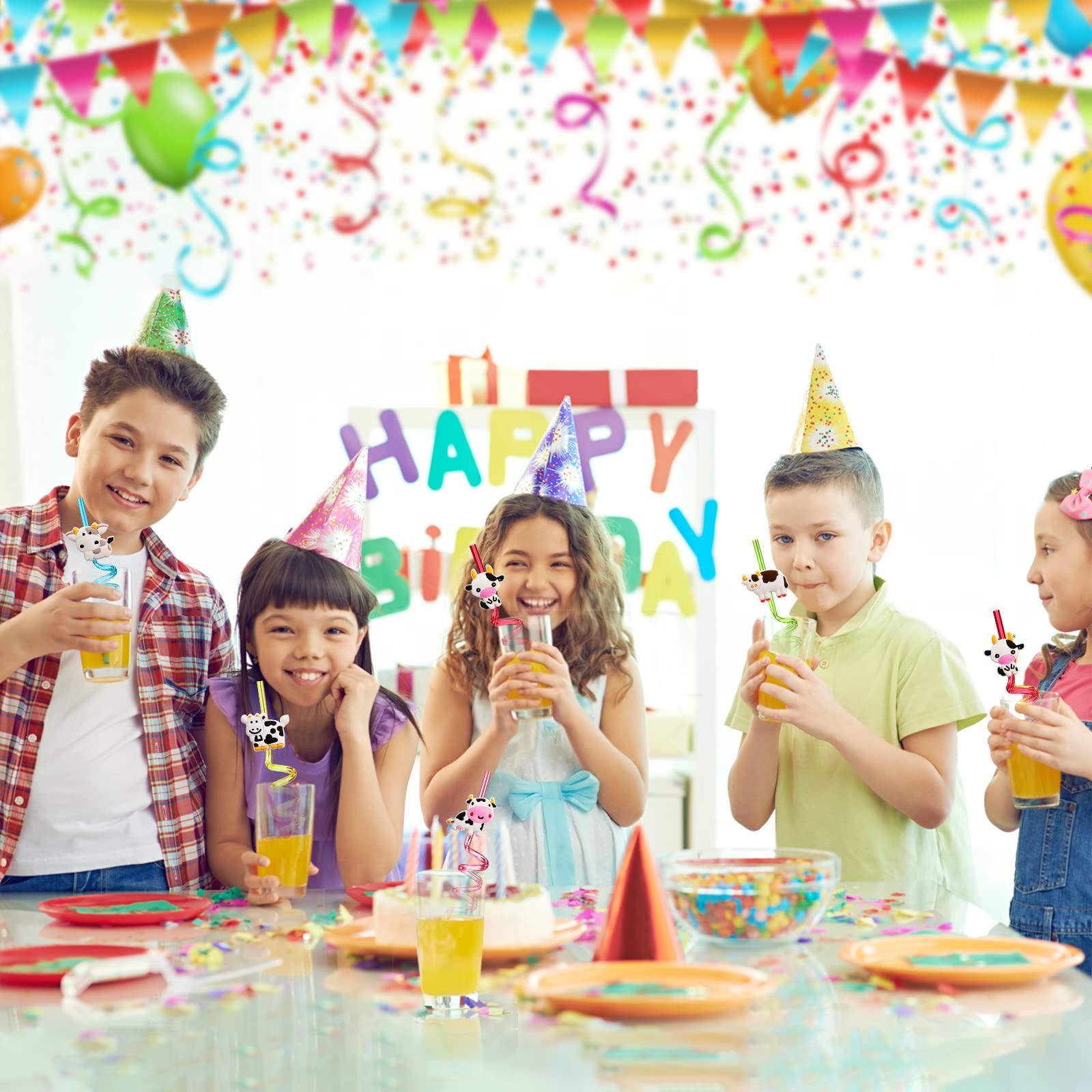 party favors with cow patterned drinking straws