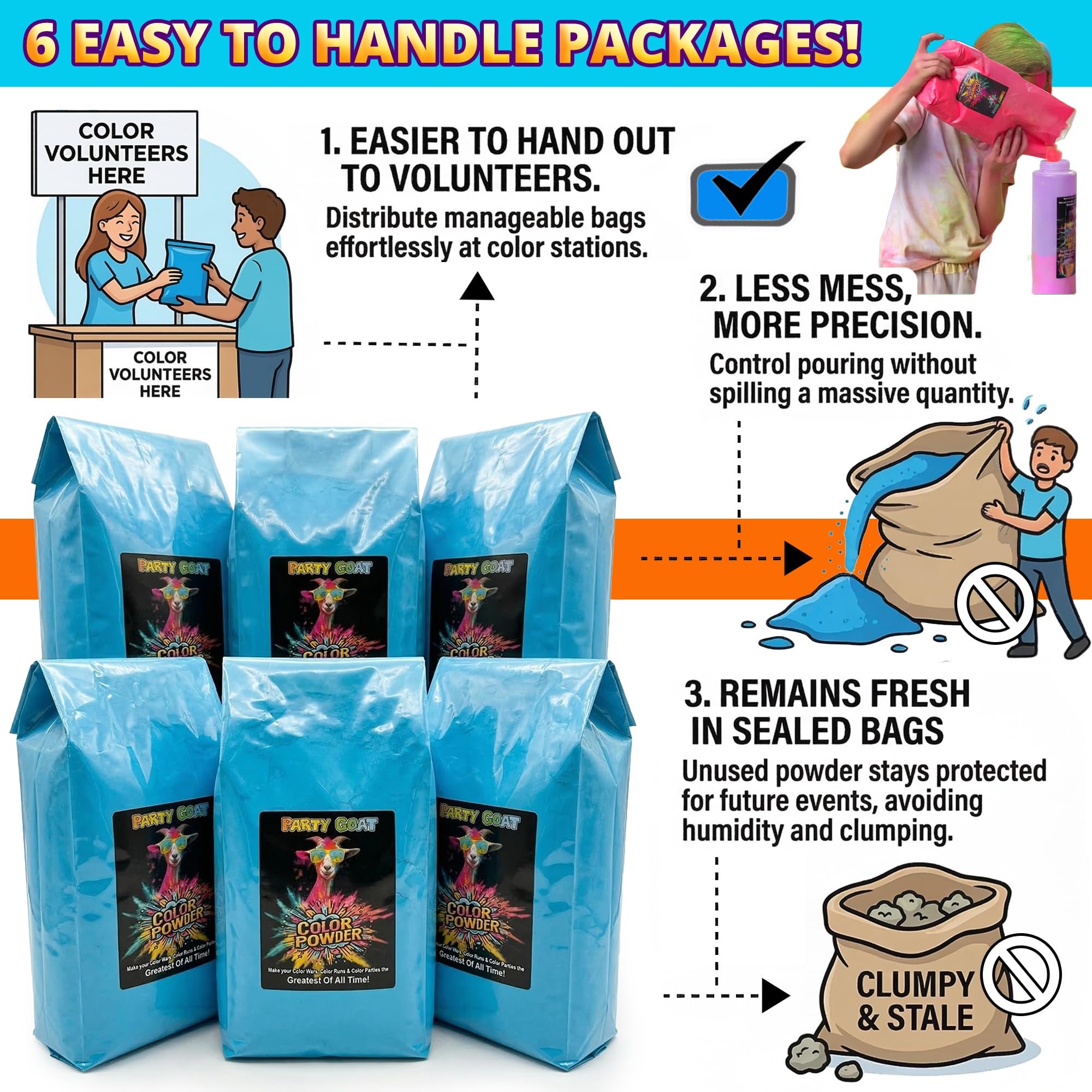 Blue Holi powder bulk pack with six bags for easy distribution