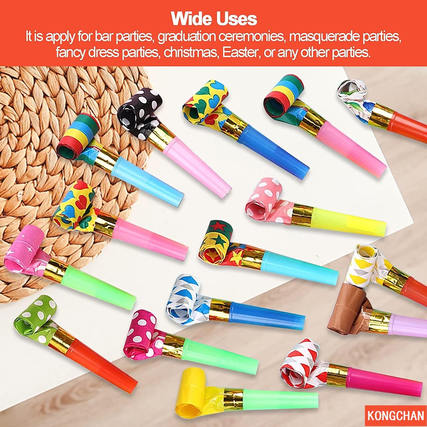 Fringed noise makers party whistles