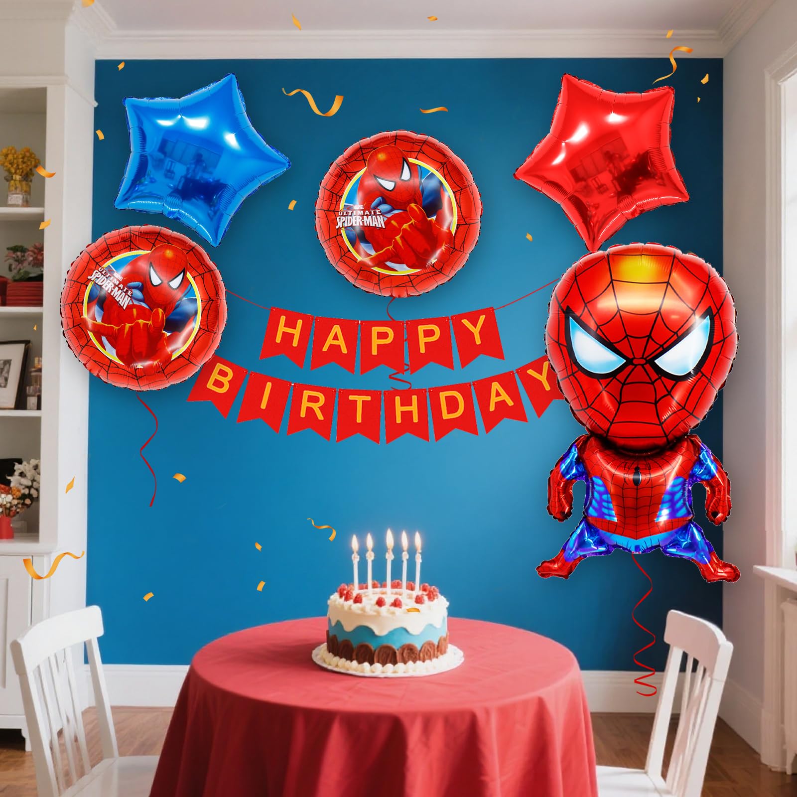 Party decor with superhero Spider theme ready for display