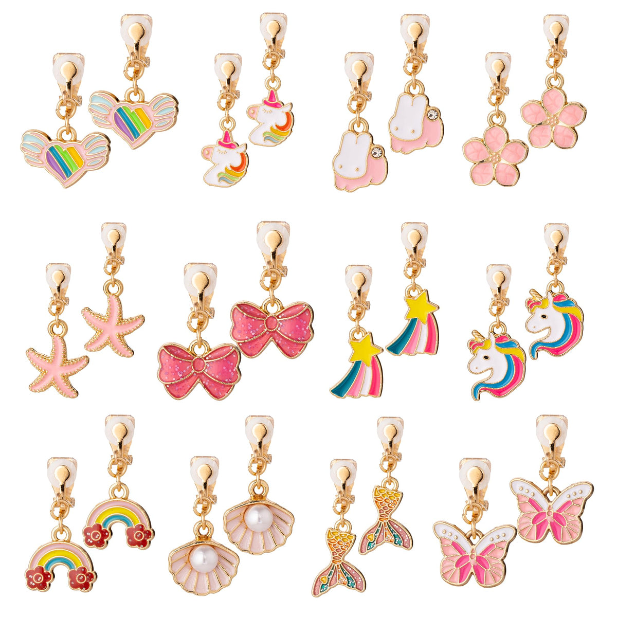 PASEMM 12 pairs kids clip-on earrings unicorn designs