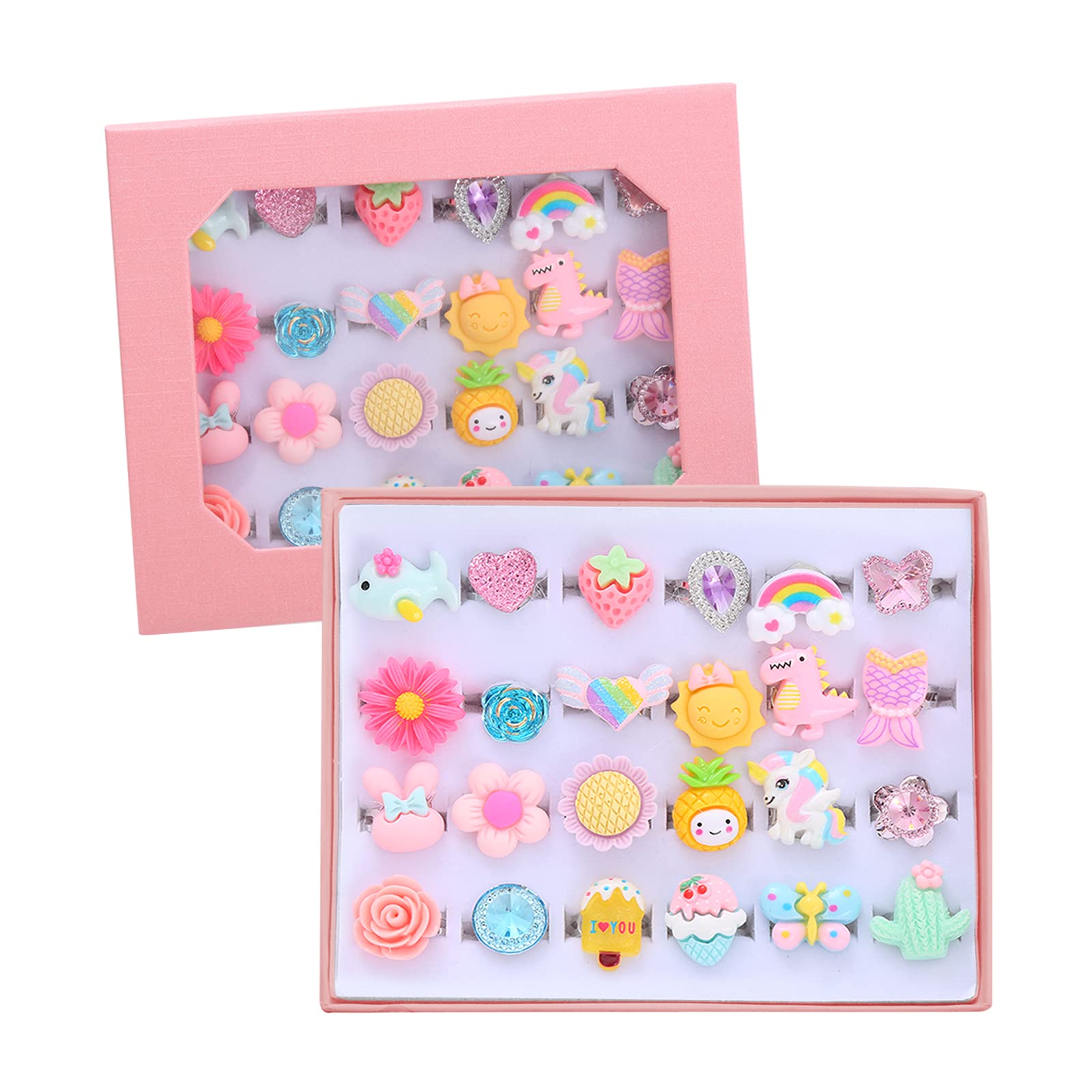 PASEMM 24pcs little girl jewel rings in pink gift box
