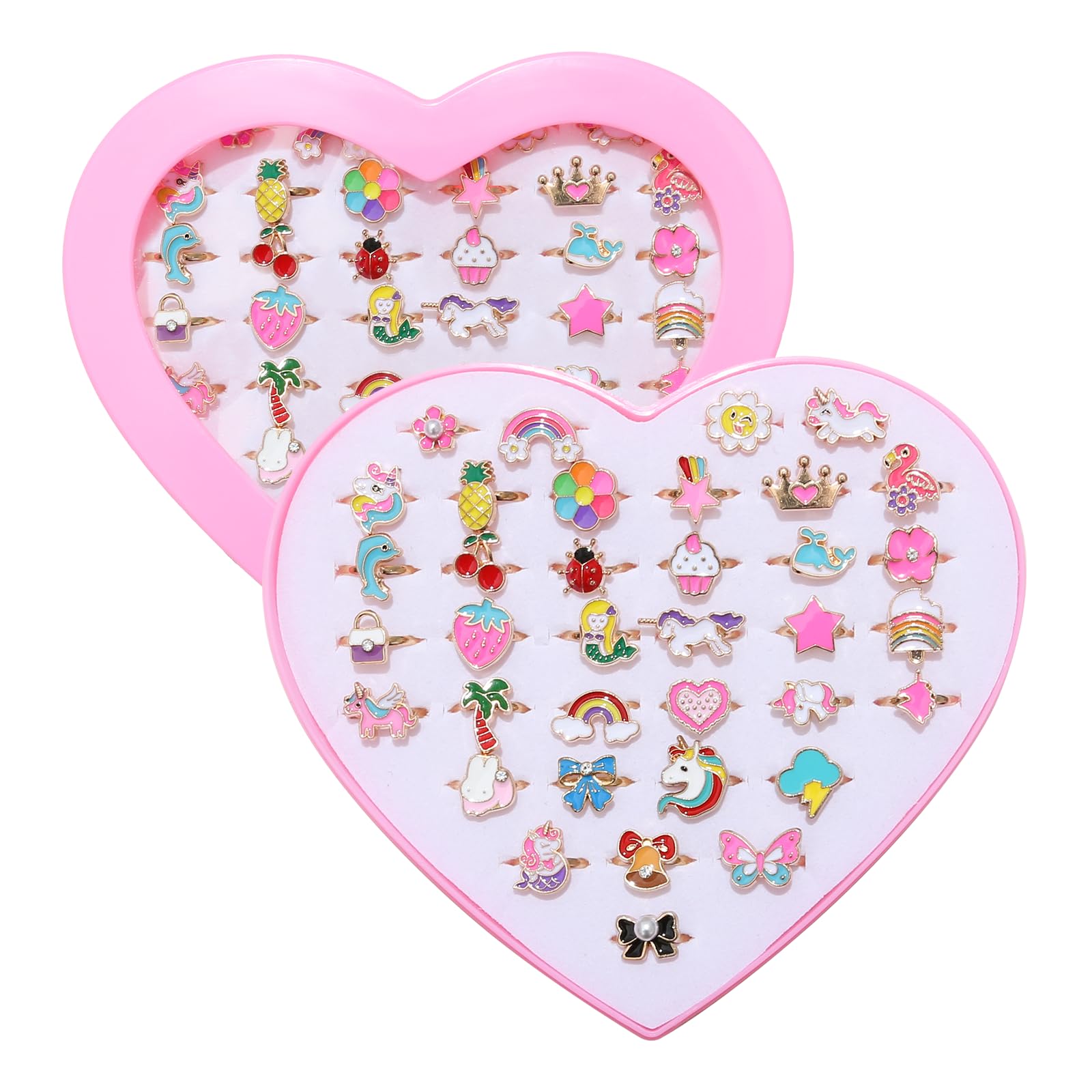 PASEMM 36pcs little girl alloy rings in heart shaped pink box