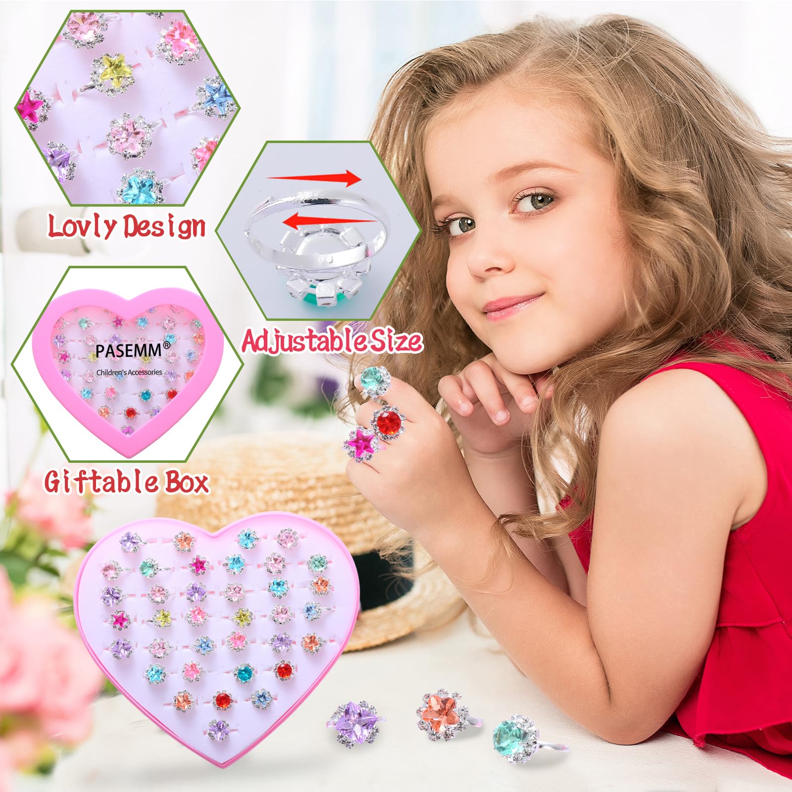 36 piece girls rings assorted shapes flowers stars hearts color variety