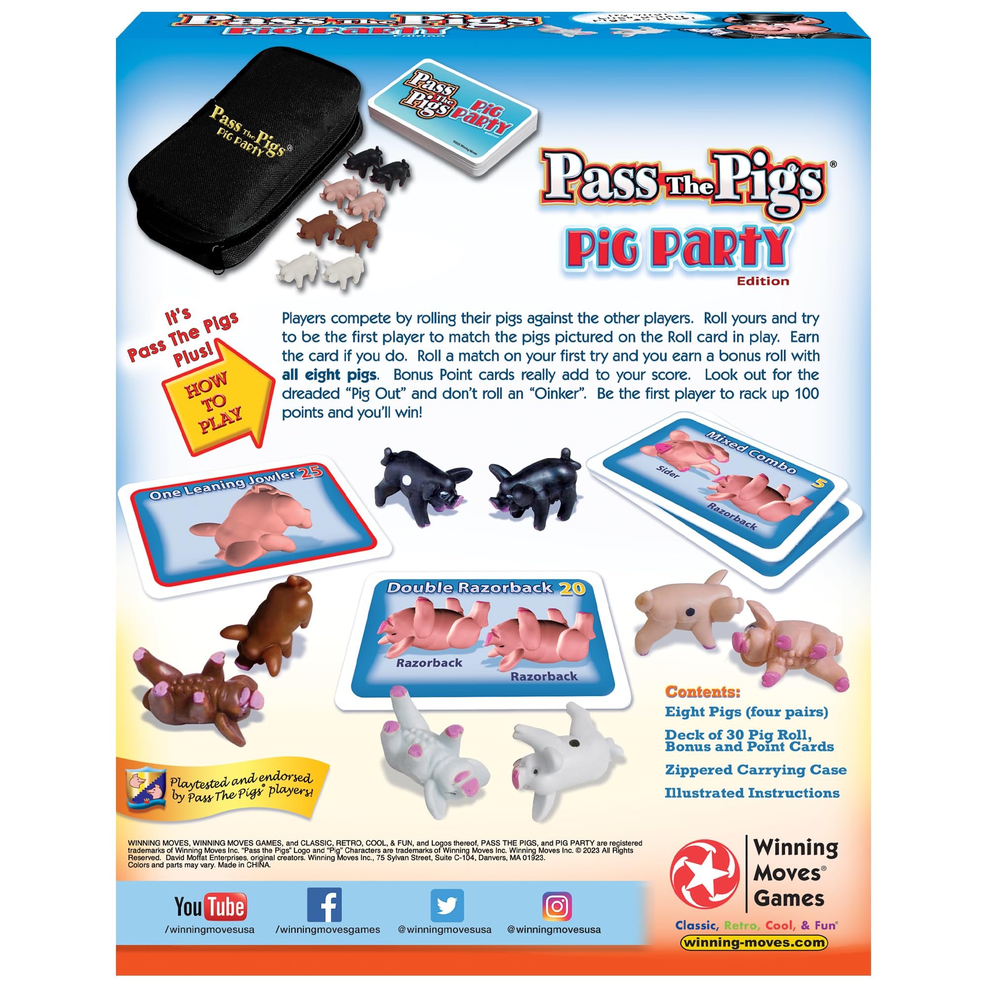 Zippered carrying case and illustrated instructions for Pass The Pigs Pig Party