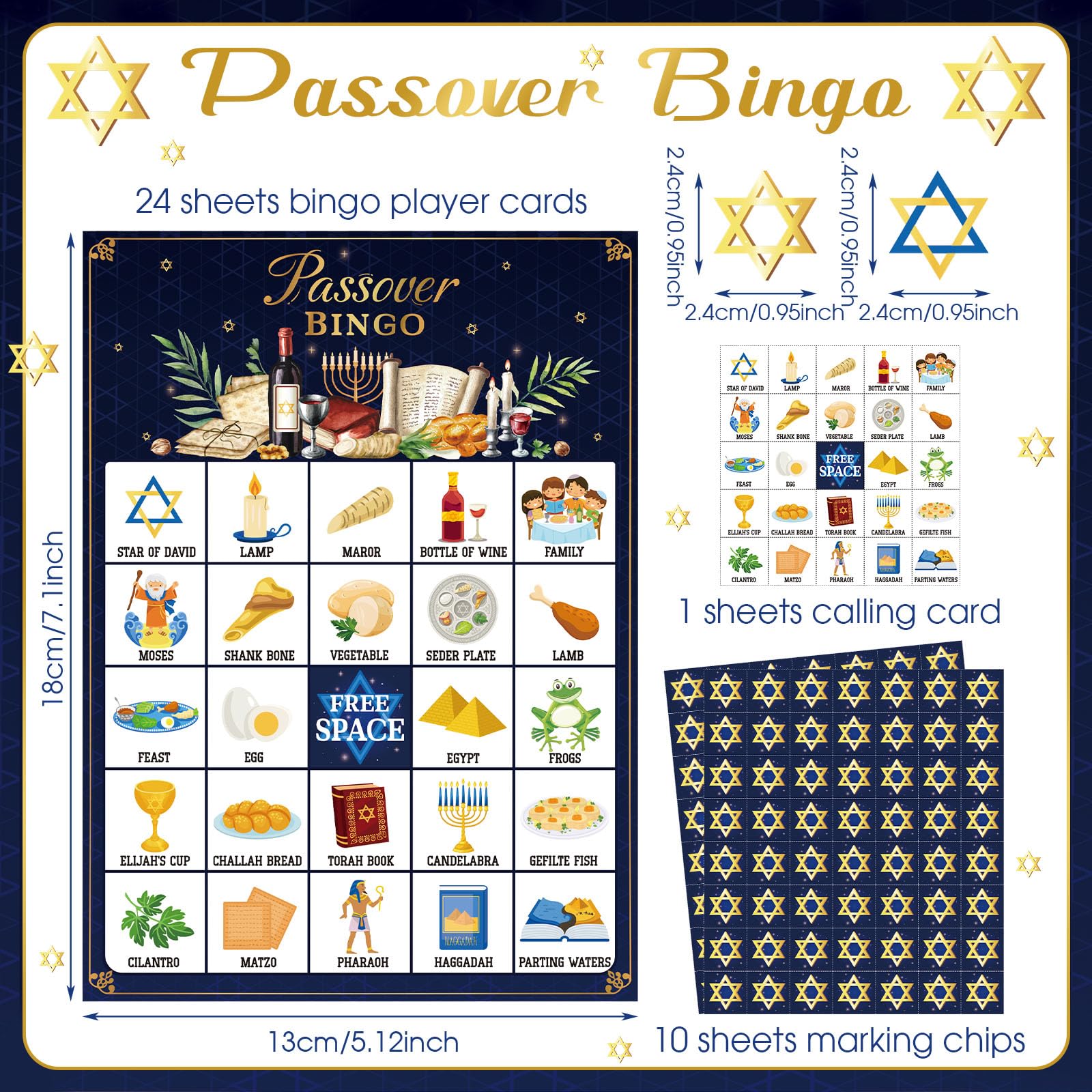 Pesach Passover bingo cards with marking chips and calling chip