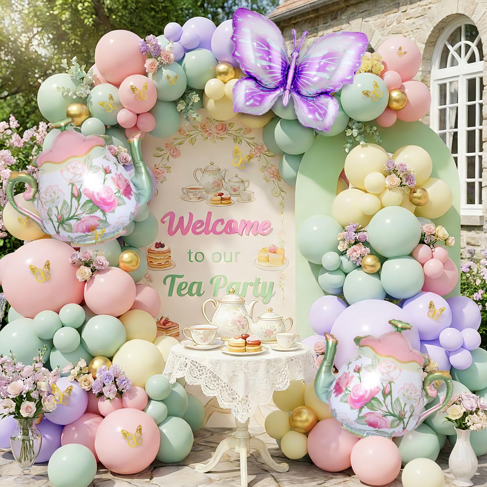 Pastel pink yellow green balloons and accessories for tea party decor