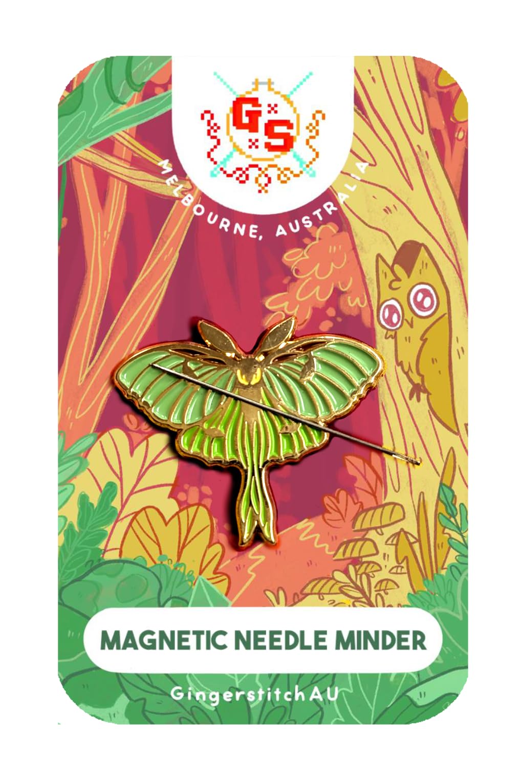 Pastel Luna Moth Needle Minder on embroidery hoop