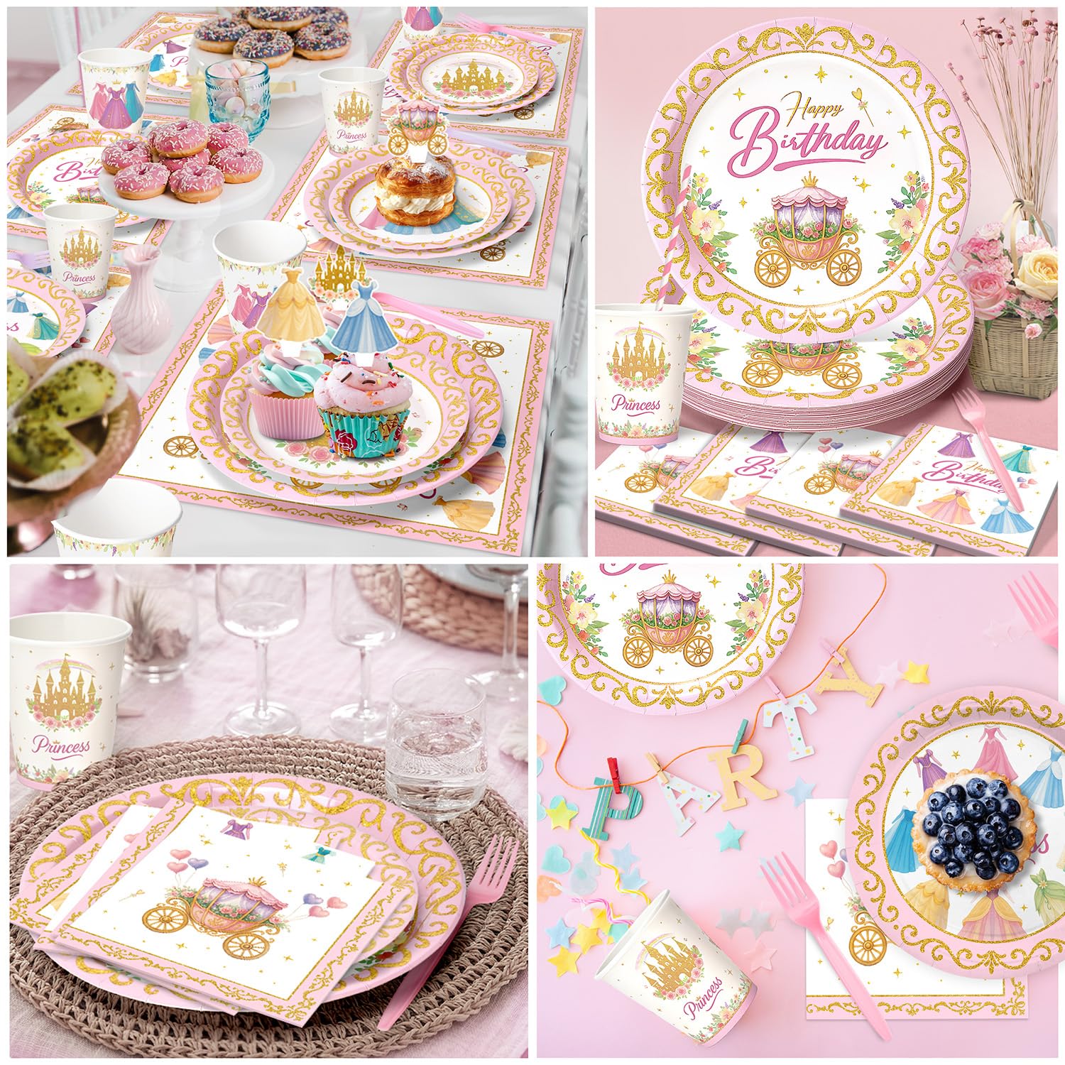 Pastel princess theme design with castles crowns gowns and carriages