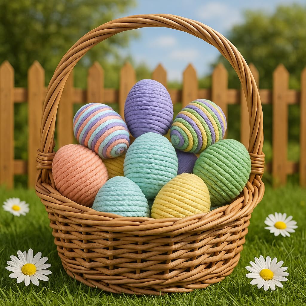 Eight Easter eggs in solid and multicolor pastel rope