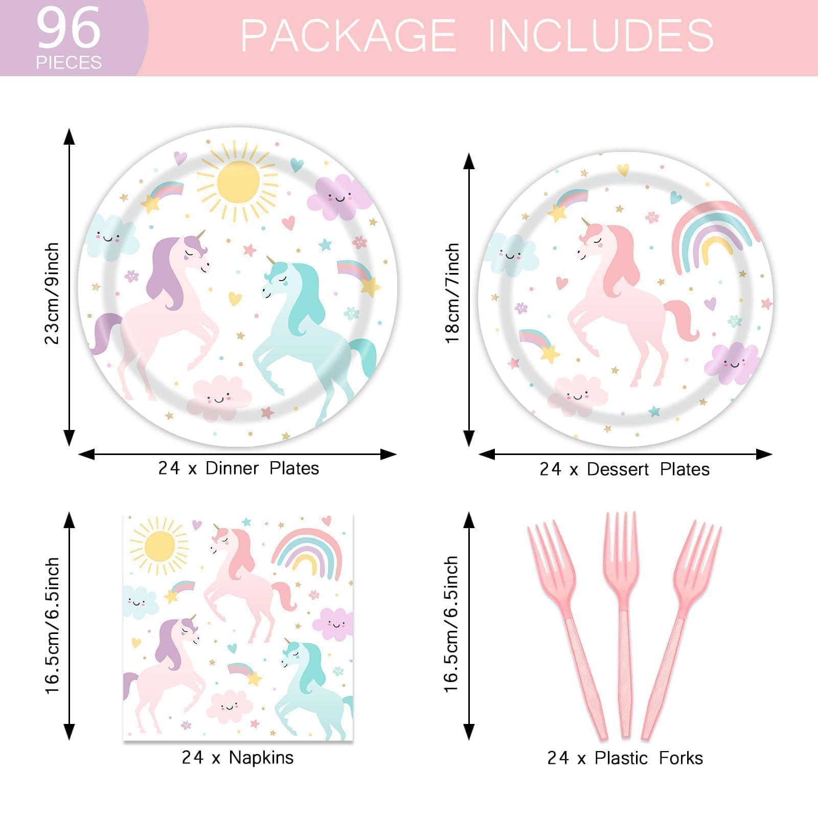 Pastel rainbow unicorn dessert plates and pink forks
