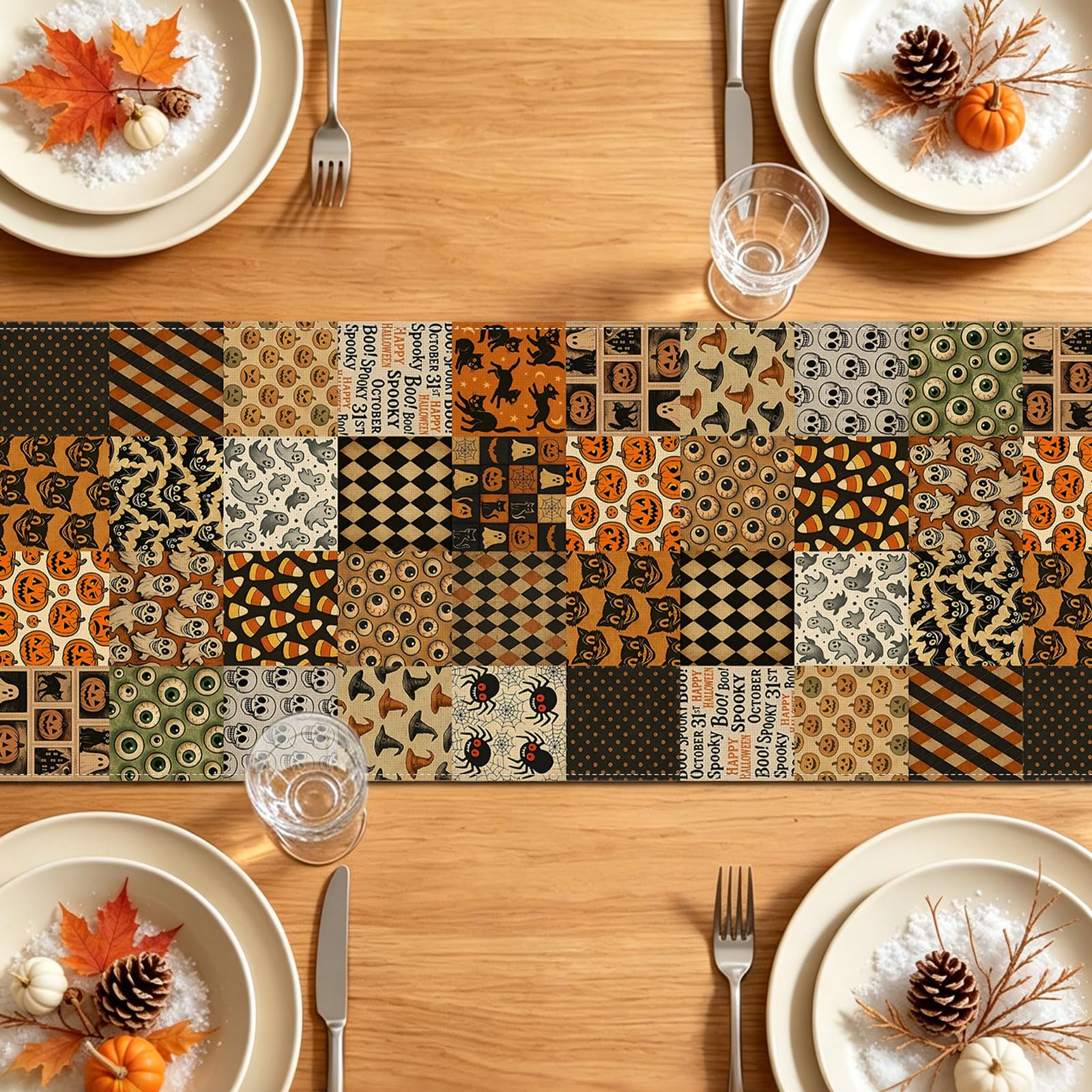 Versatile vintage Halloween decor table runner on kitchen island