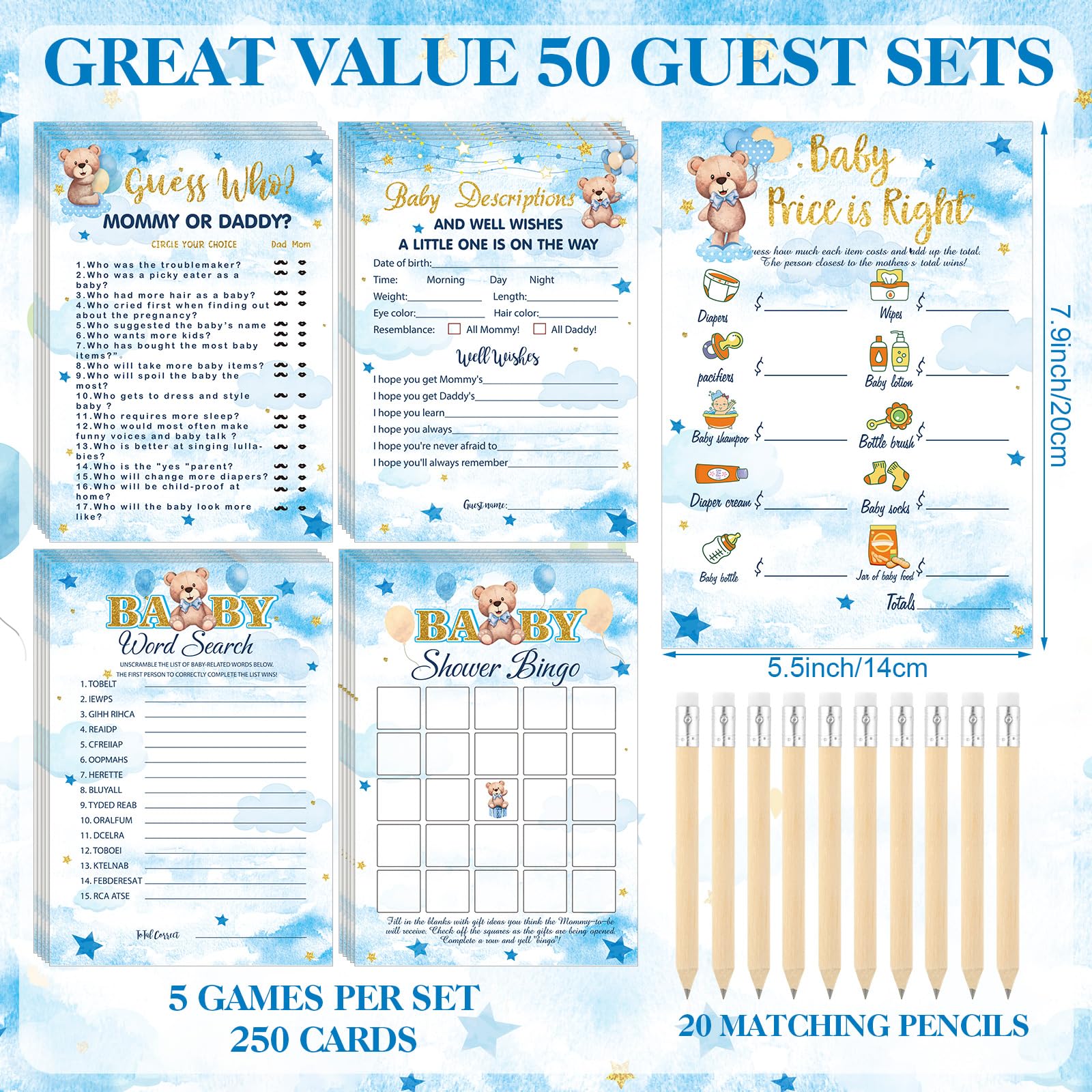 250 blue bear baby shower cards for games