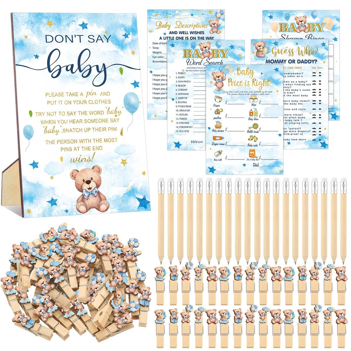 Patelai 321 blue bear baby shower decorations set on display