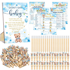 Patelai 321 blue bear baby shower decorations set on display