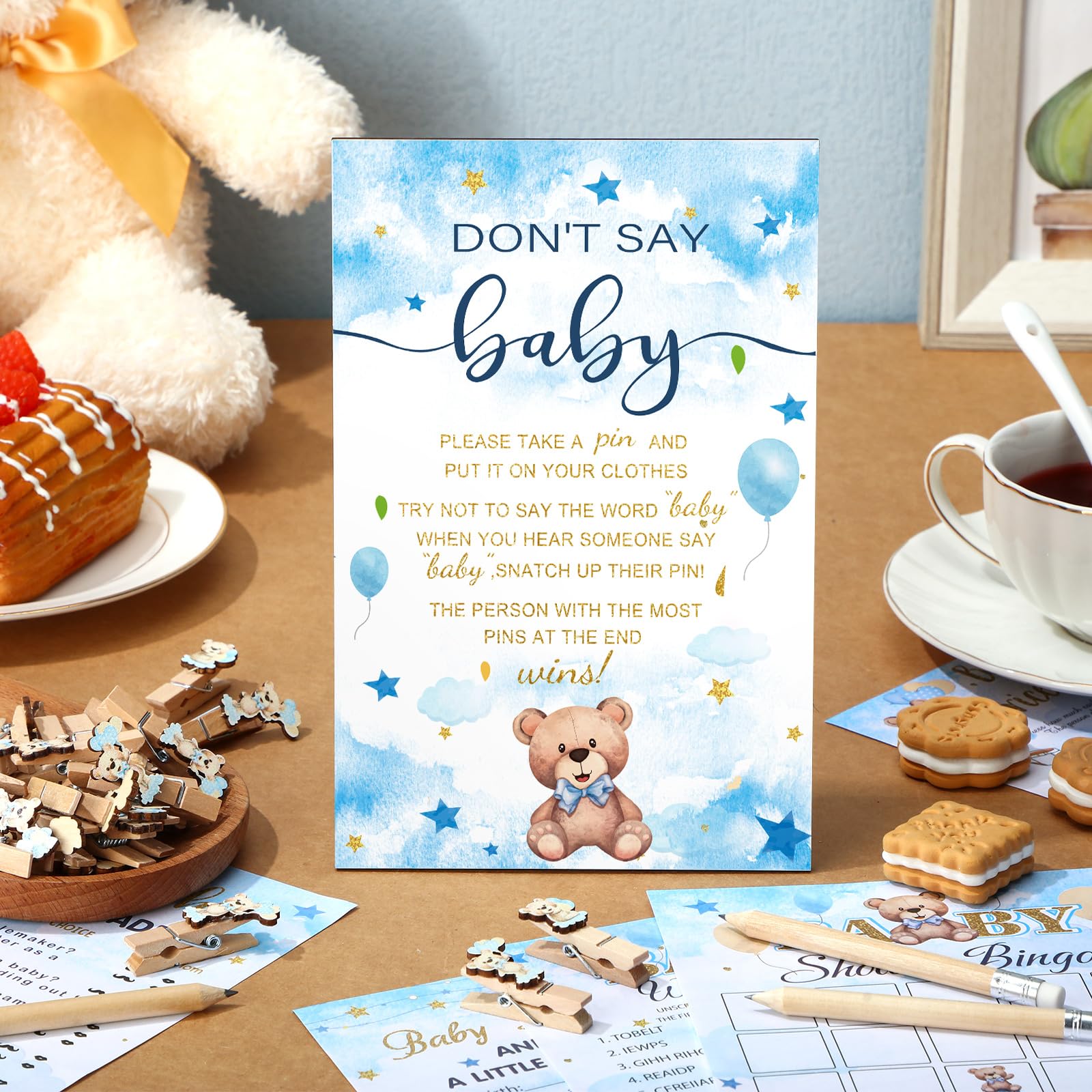 Patelai 321 blue bear baby shower games kit with cards and signs