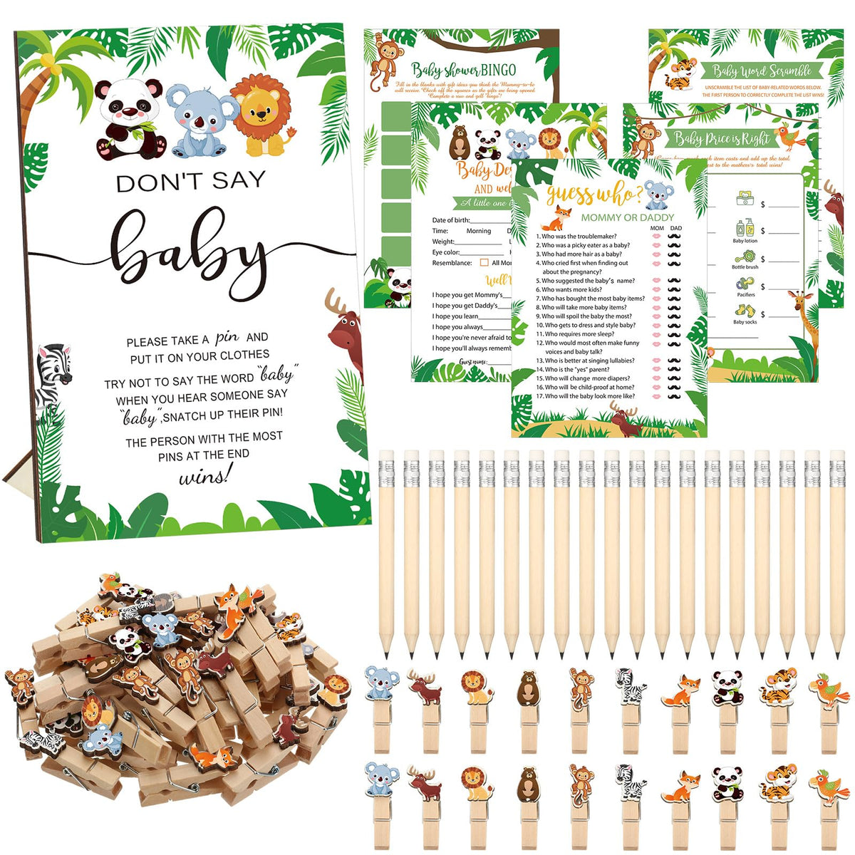 Patelai safari baby shower games cards pencils and sign