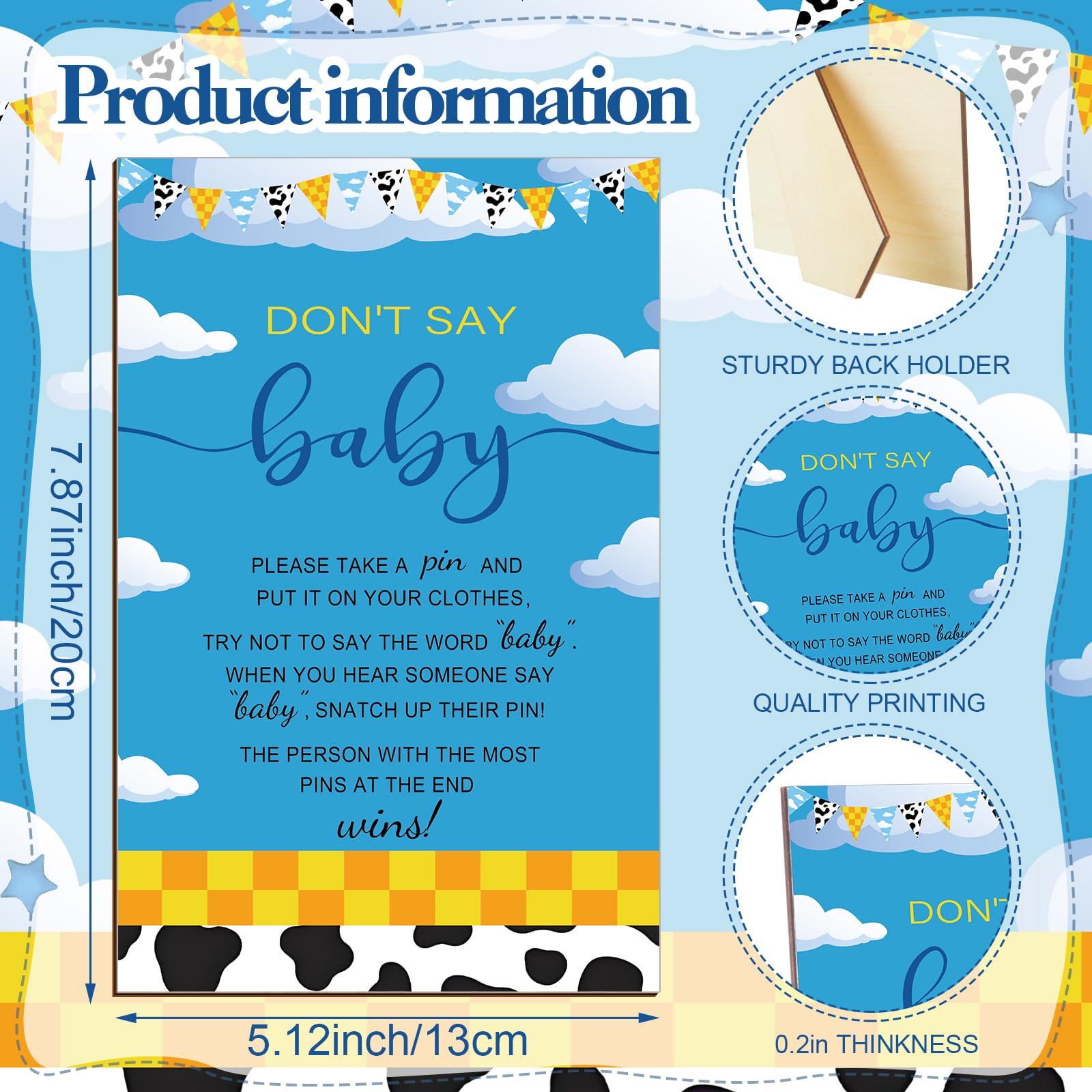 Wooden sign with clothespins and cards for baby shower games