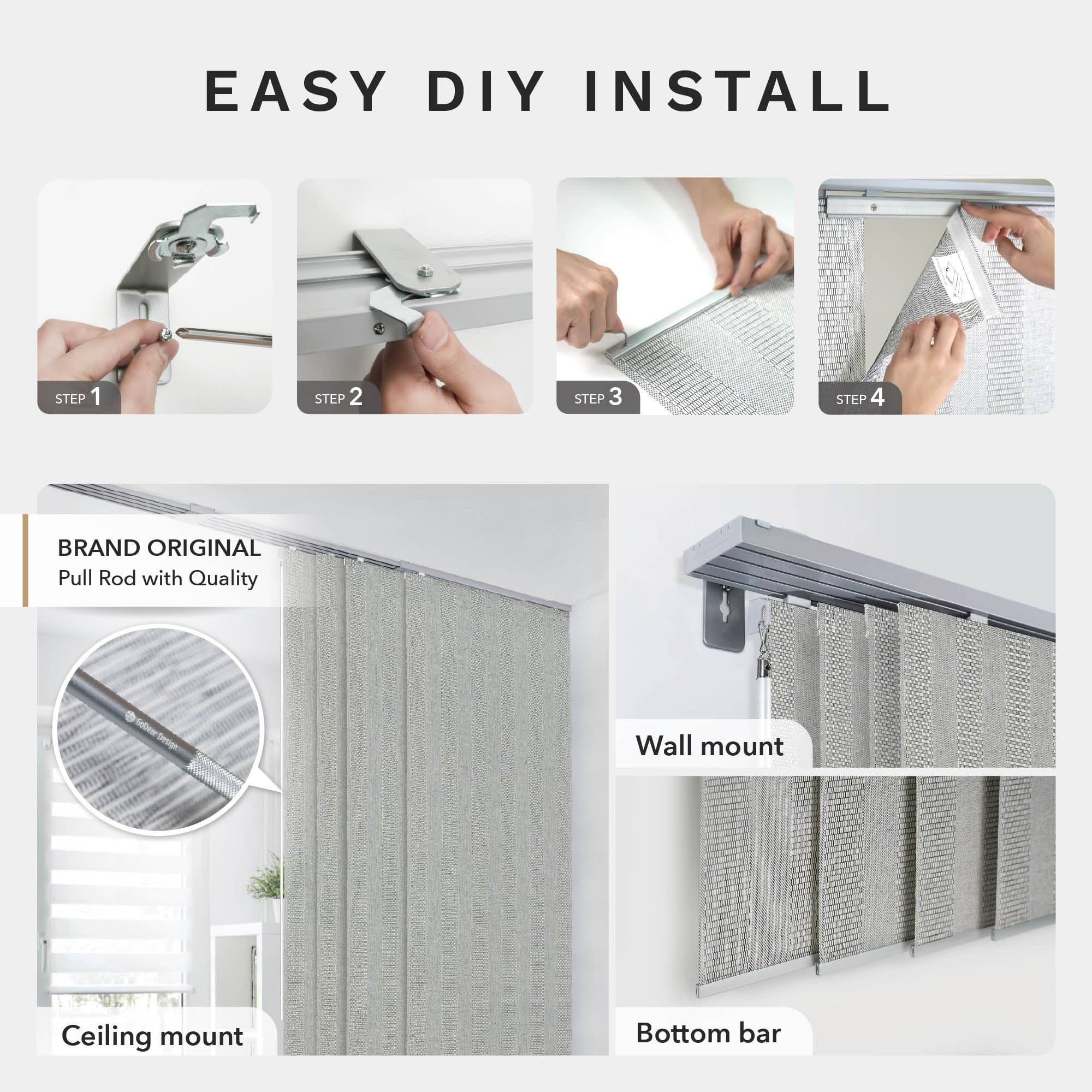 Wall or ceiling mounted panel track blinds