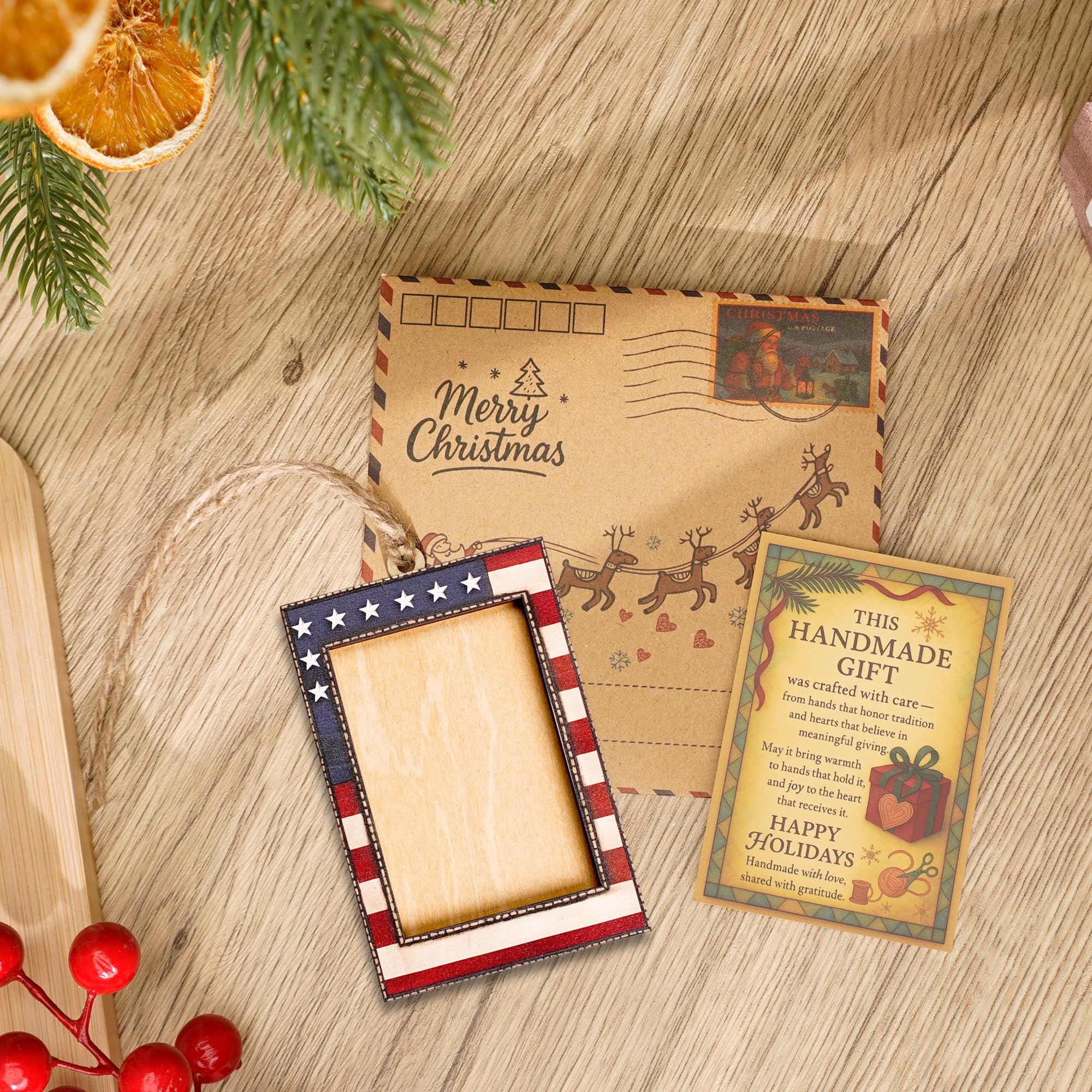 Patriotic citizenship gift ornament with natural wood grain and hand polish