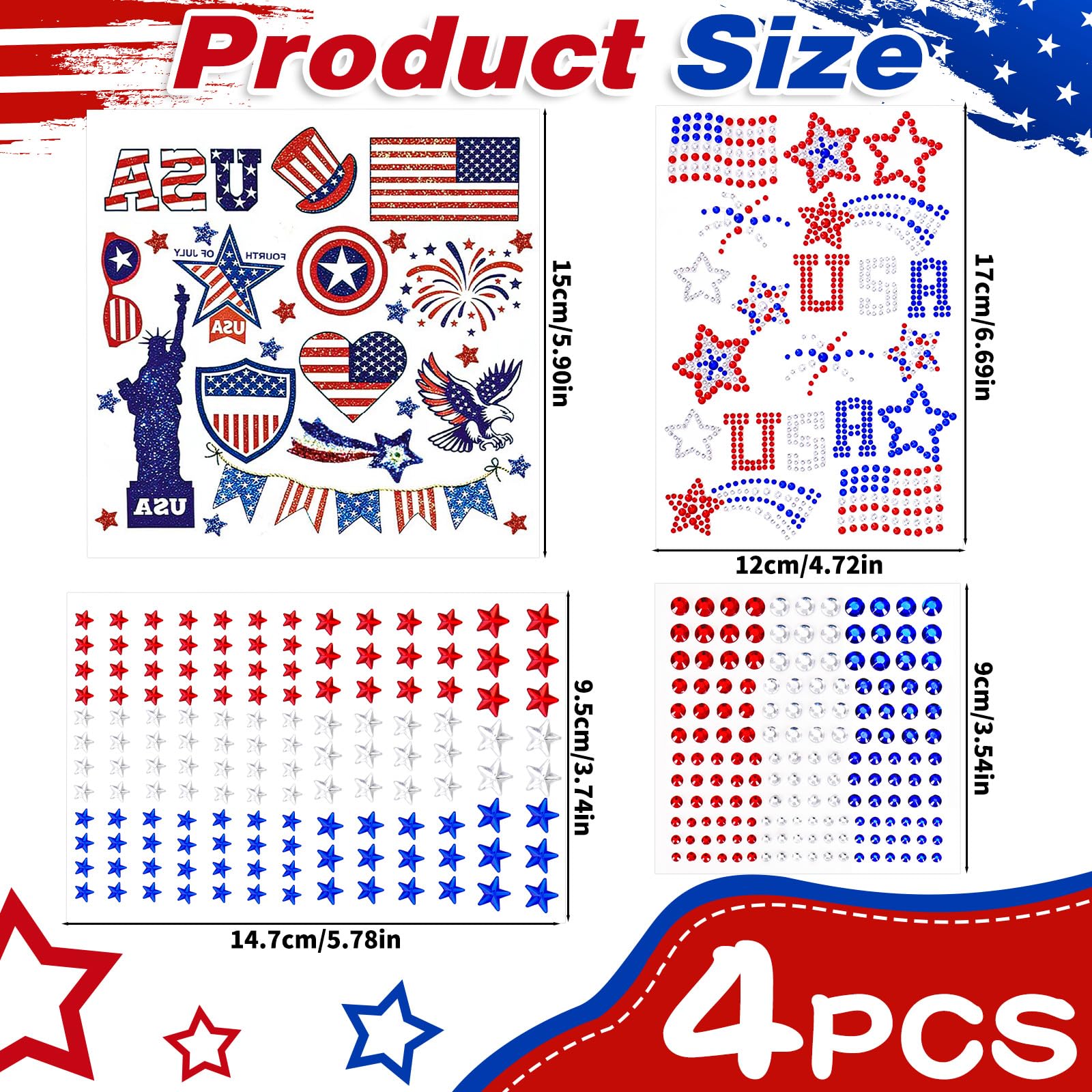 Patriotic face gems design with red white blue