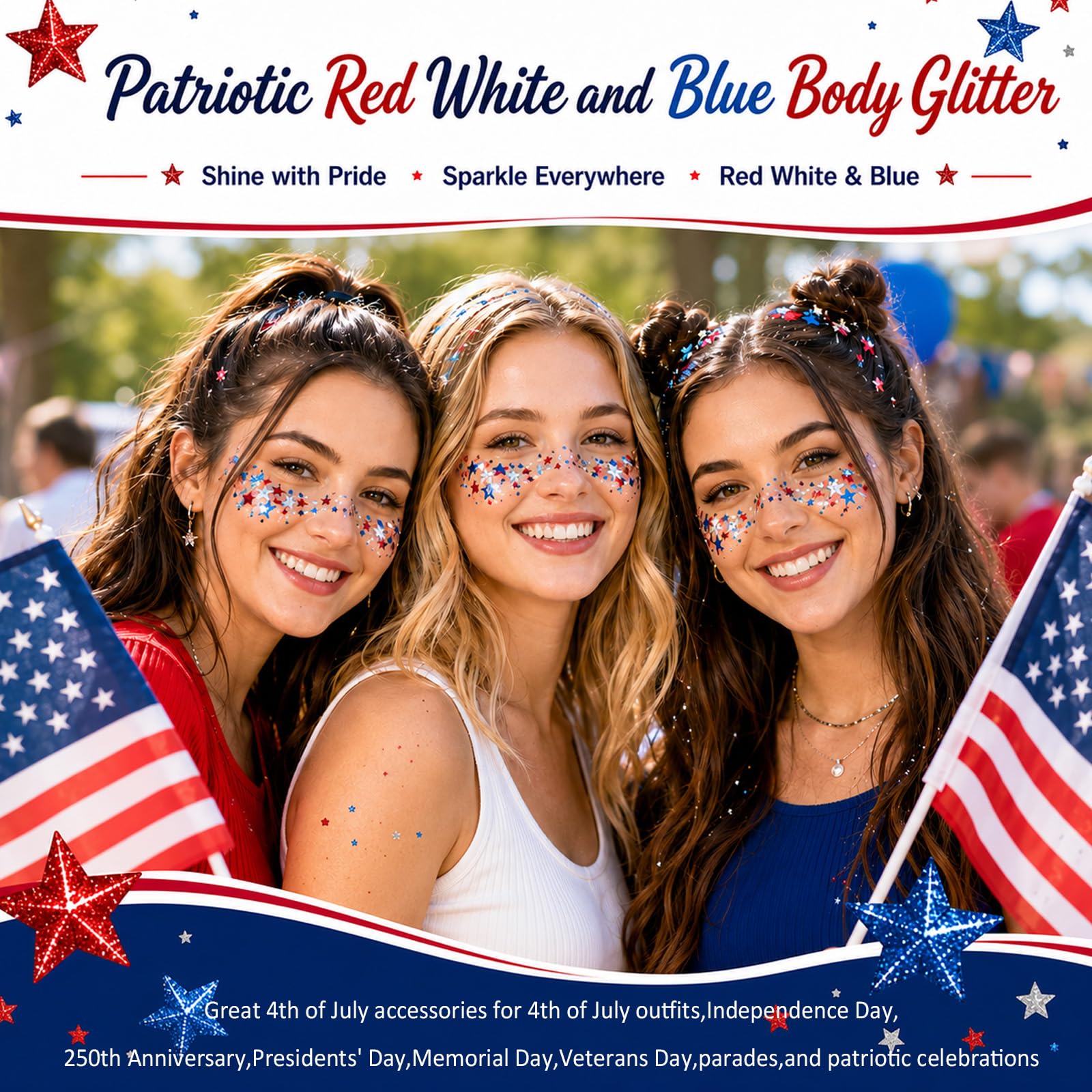 Patriotic glitter gel stick designed for face and body