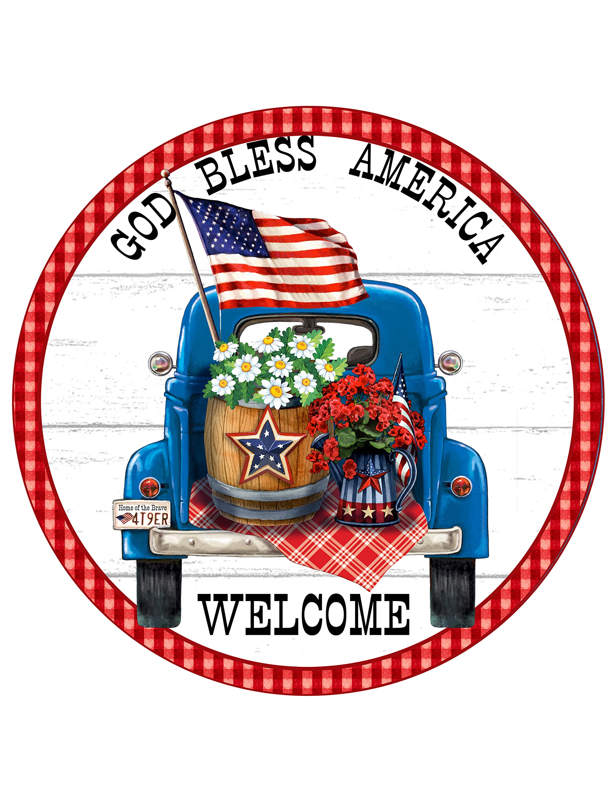 Patriotic wreath sign for front door with God Bless America theme