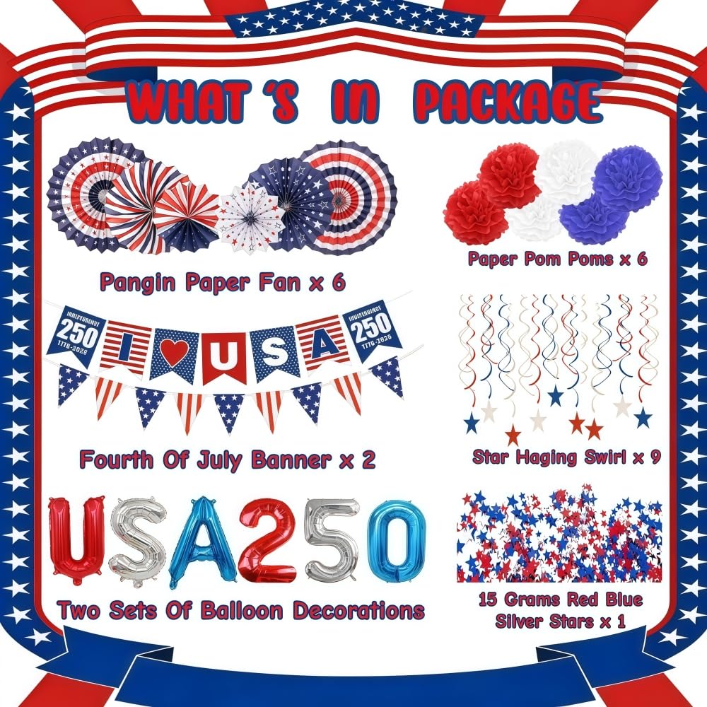 Patriotic paper fans in red white and blue for 250th celebration