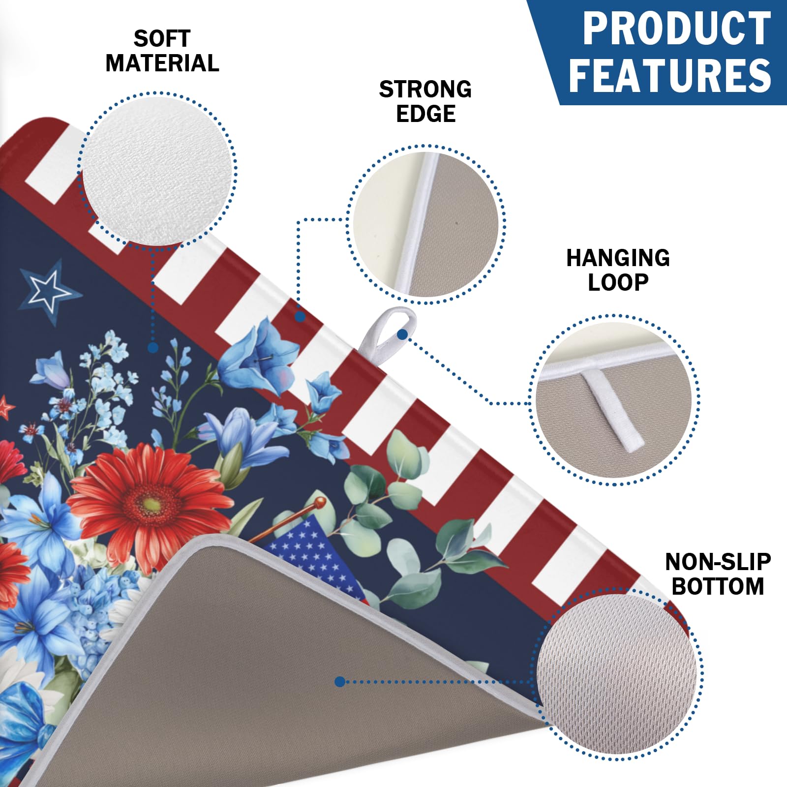 Patriotic red blue white floral drying mat for kitchen