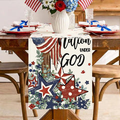 Patriotic table runner 13x72 inch linen on table close up