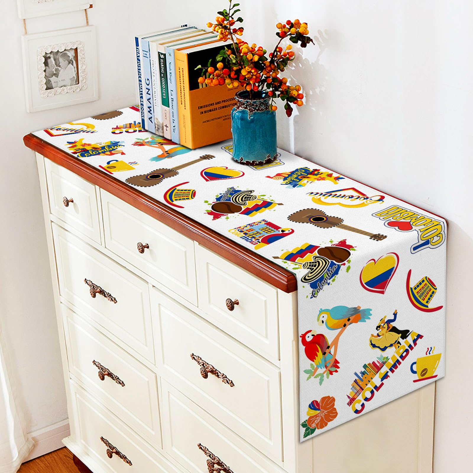 Vivid patterned table runner for Colombia theme events