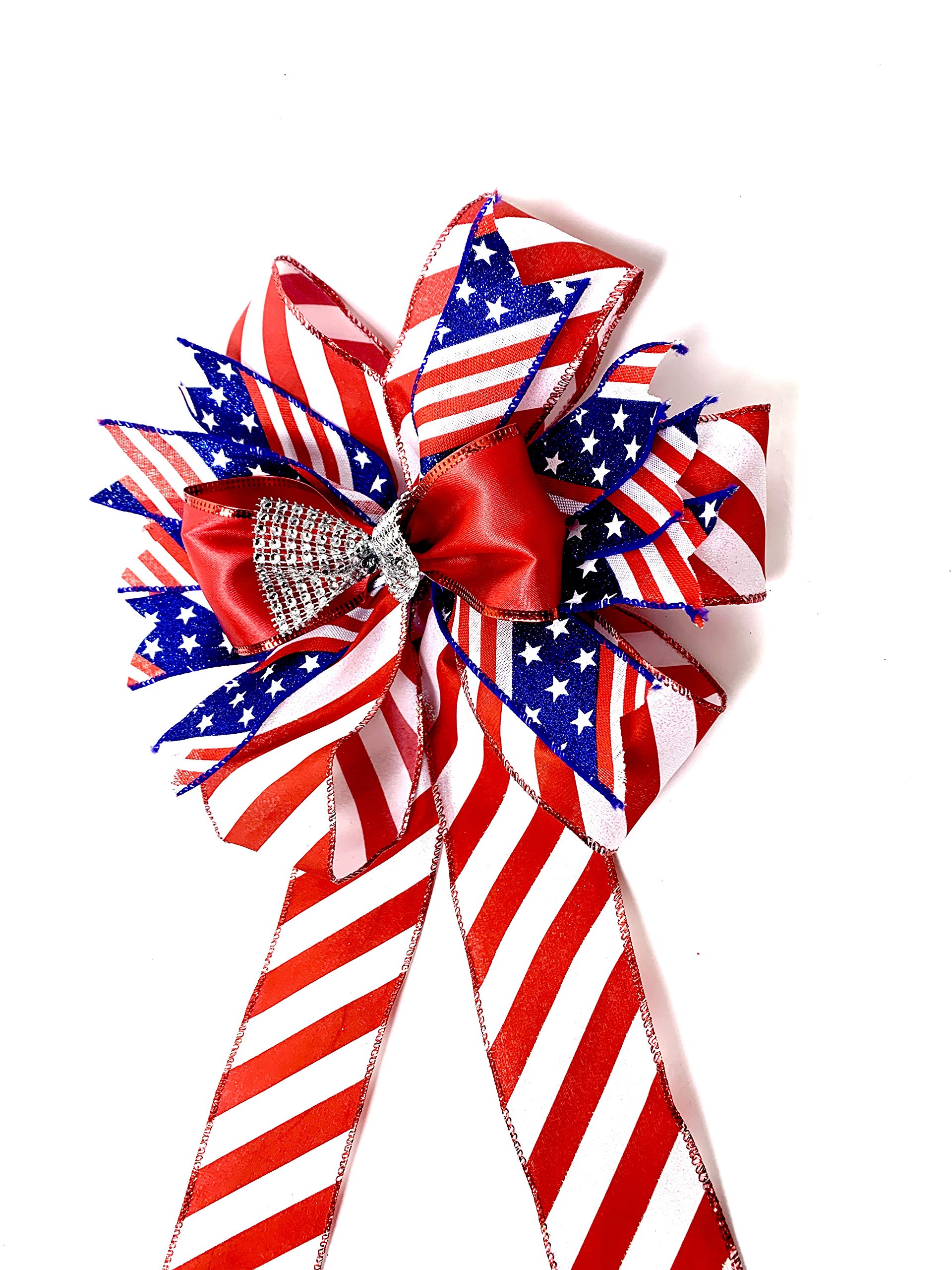 Patriotic welcome door bow with red white blue ribbon detailing