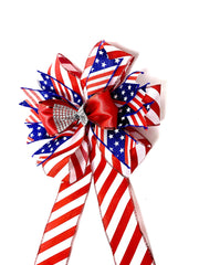 Patriotic welcome door bow with red white blue ribbon detailing