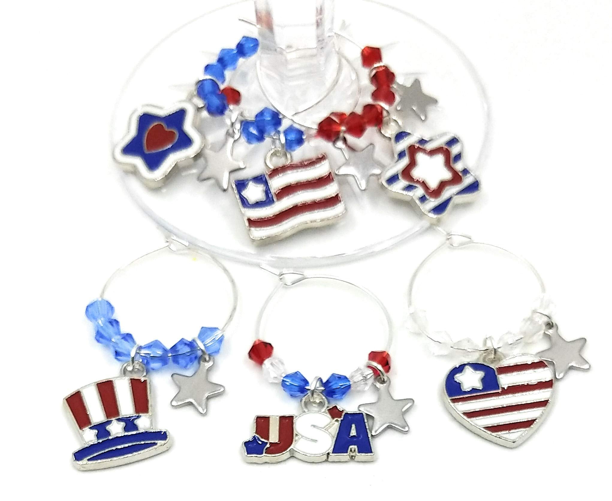 Patriotic Wine Charms set of 6 with American flag design