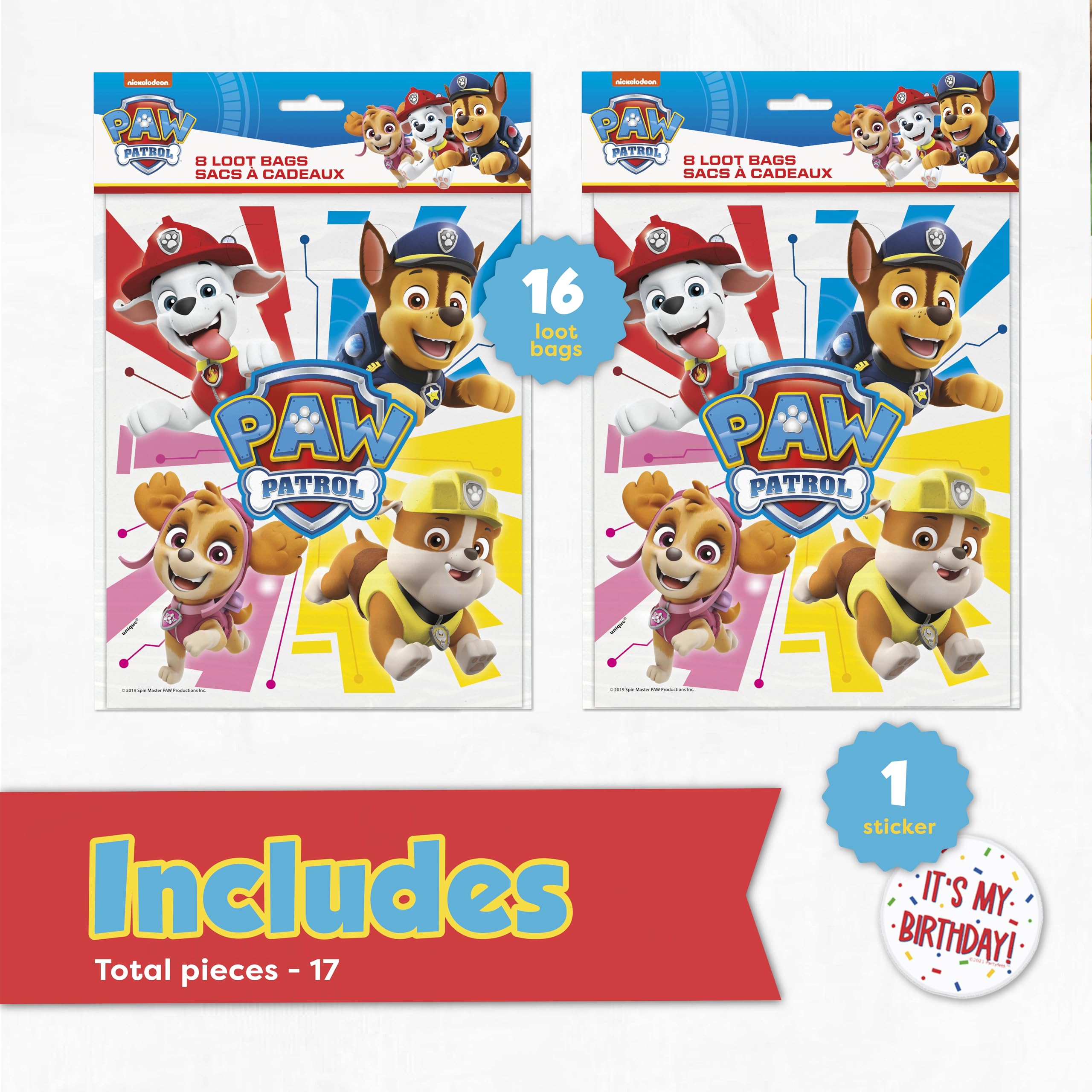 Paw Patrol goodie bags measuring 7.25 by 8.25 inches